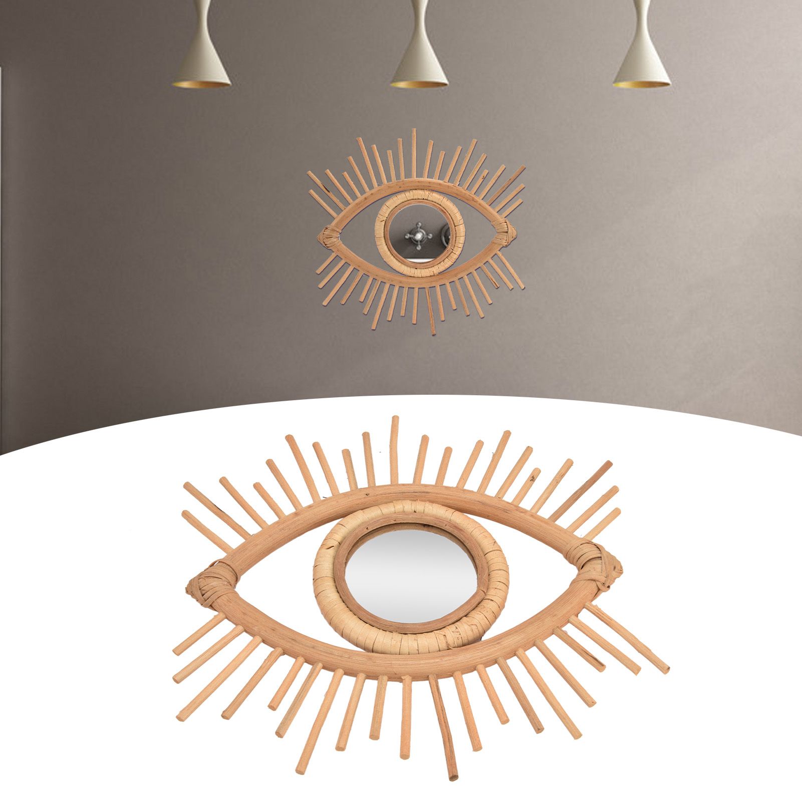 Nordic Makeup Mirror Rattan Woven Eye Shape Wall Hanging Mirror for Home Hotel view 12