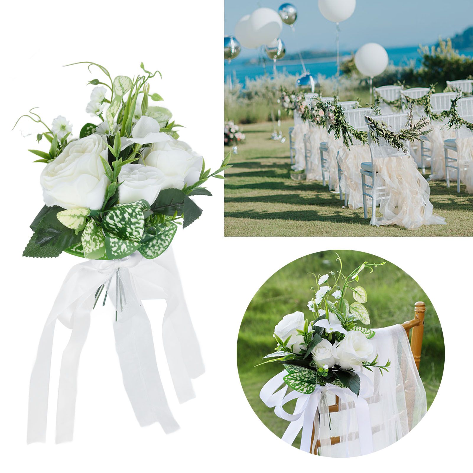Wedding Aisle Chair Decorations Artificial Chair Flowers with Drapery for view 11
