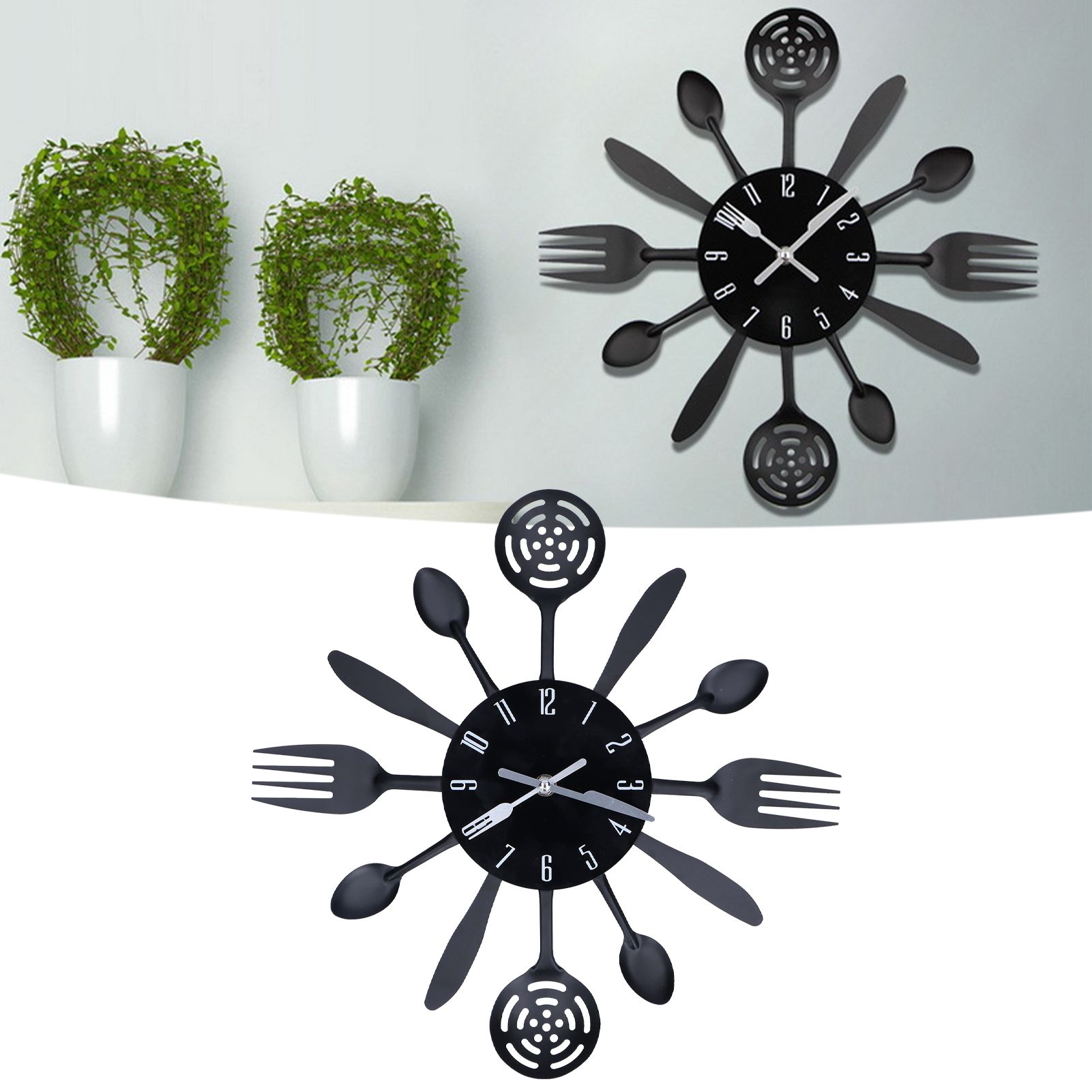 Black Kitchen Wall Clock Removable Modern Cutlery Kitchen Spoon Fork Wall view 11