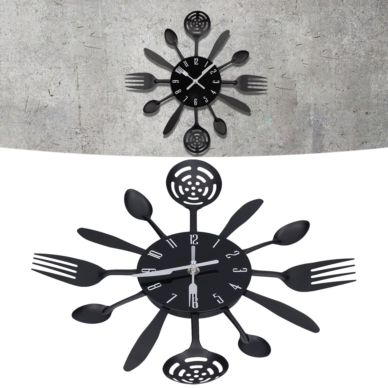 Black Kitchen Wall Clock Removable Modern Cutlery Kitchen Spoon Fork Wall view 12