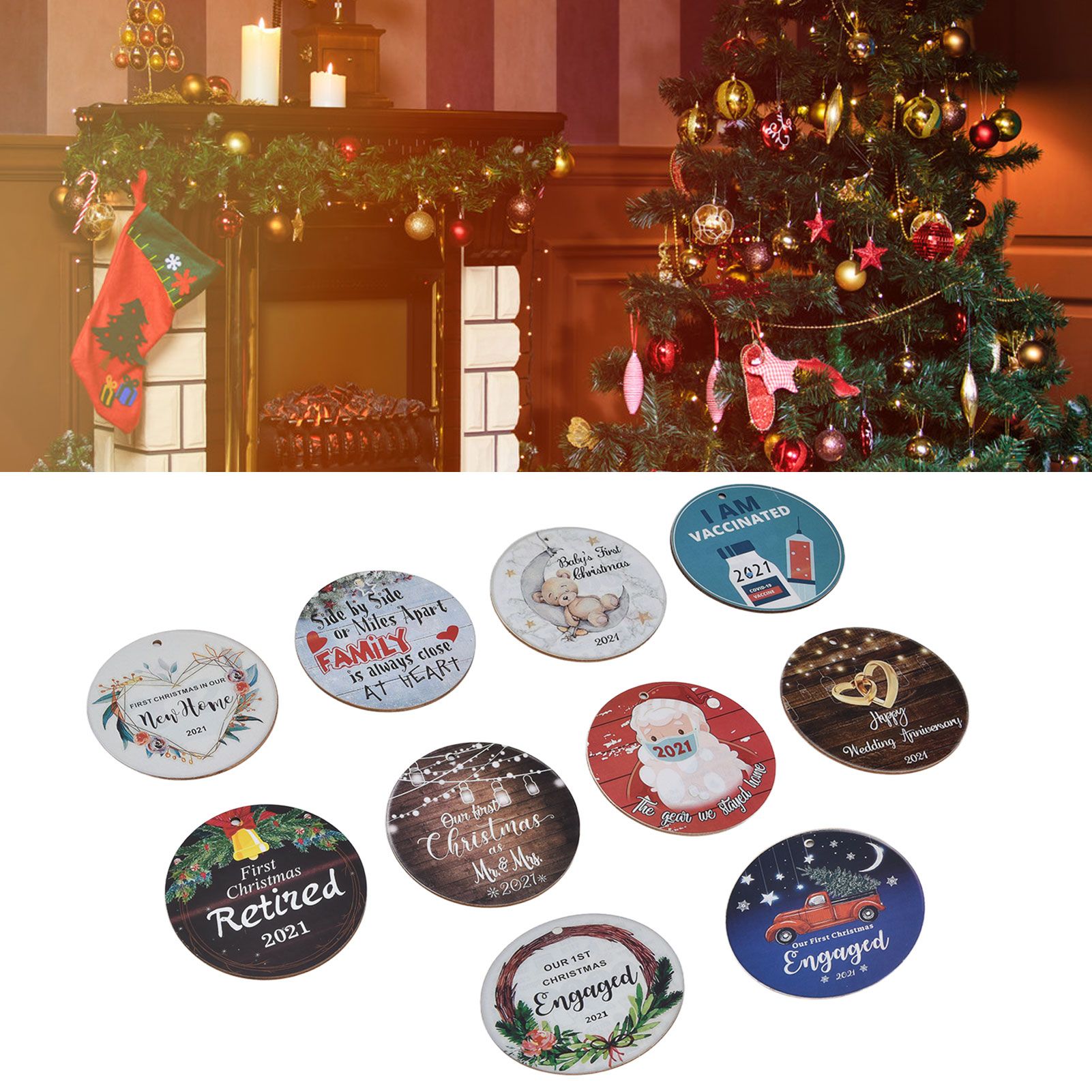 10pcs Christmas Hangings Wooden Round Beautiful Pattern Christmas Tags with view 11