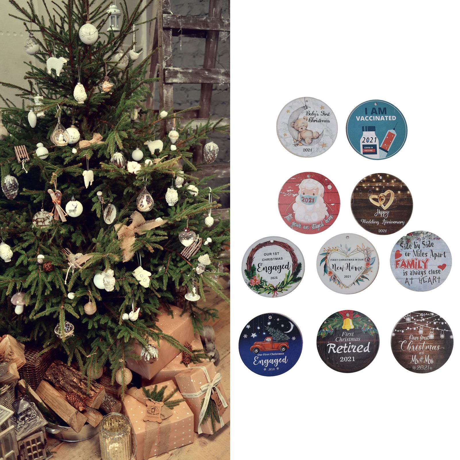 10pcs Christmas Hangings Wooden Round Beautiful Pattern Christmas Tags with view 12