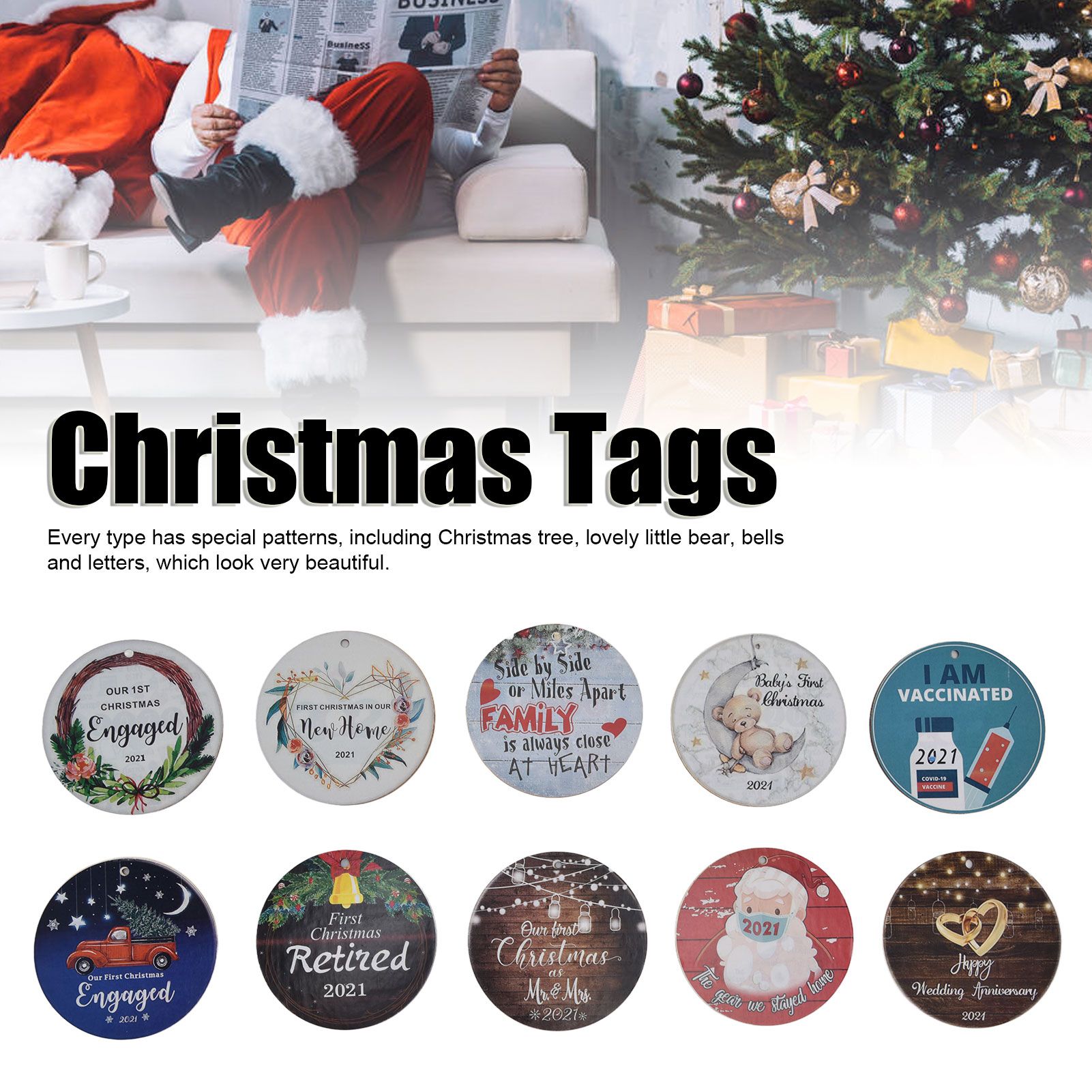 10pcs Christmas Hangings Wooden Round Beautiful Pattern Christmas Tags with view 13