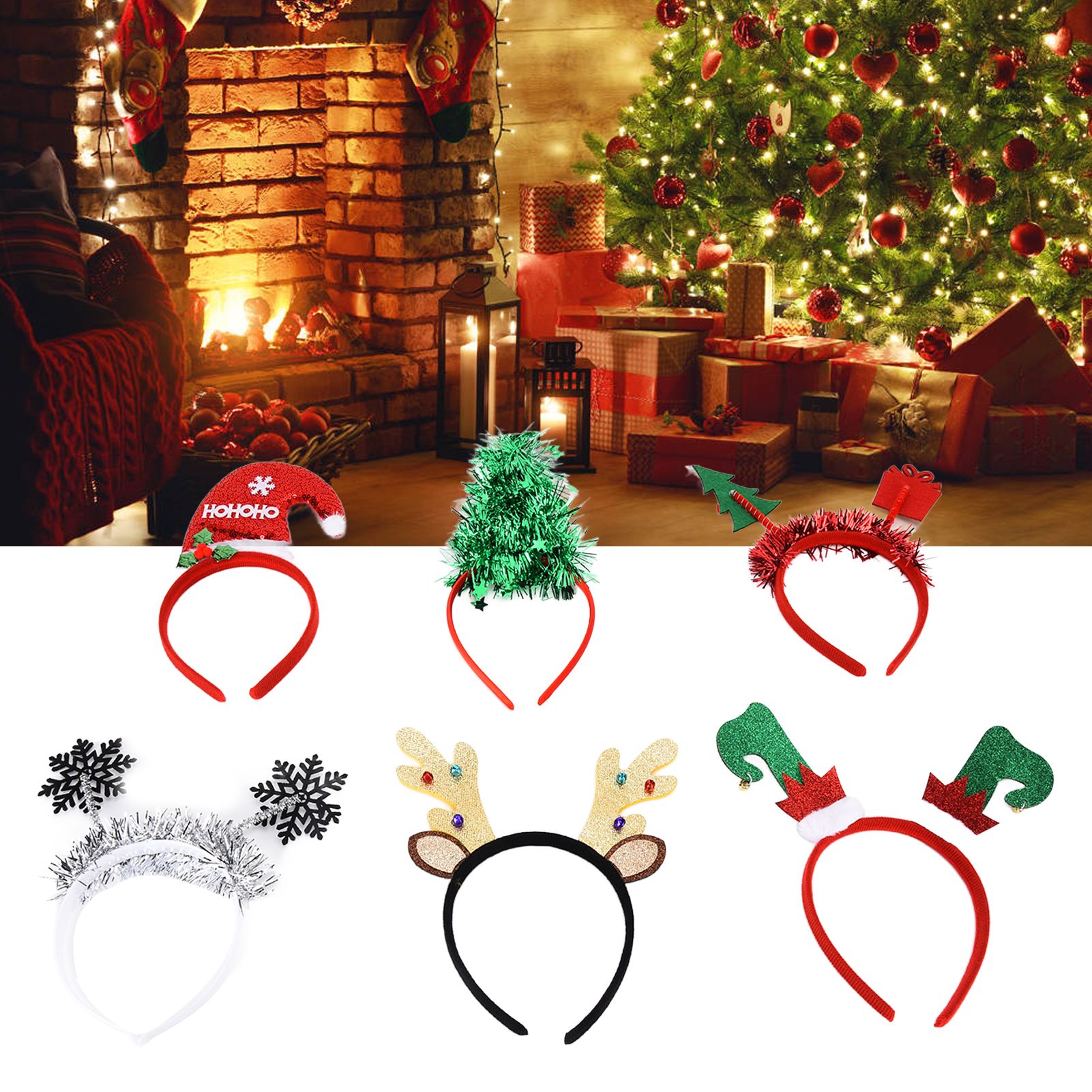 6Pcs Christmas Headband Christmas Tree Reindeer Snowflake Santa Hat Holiday view 11