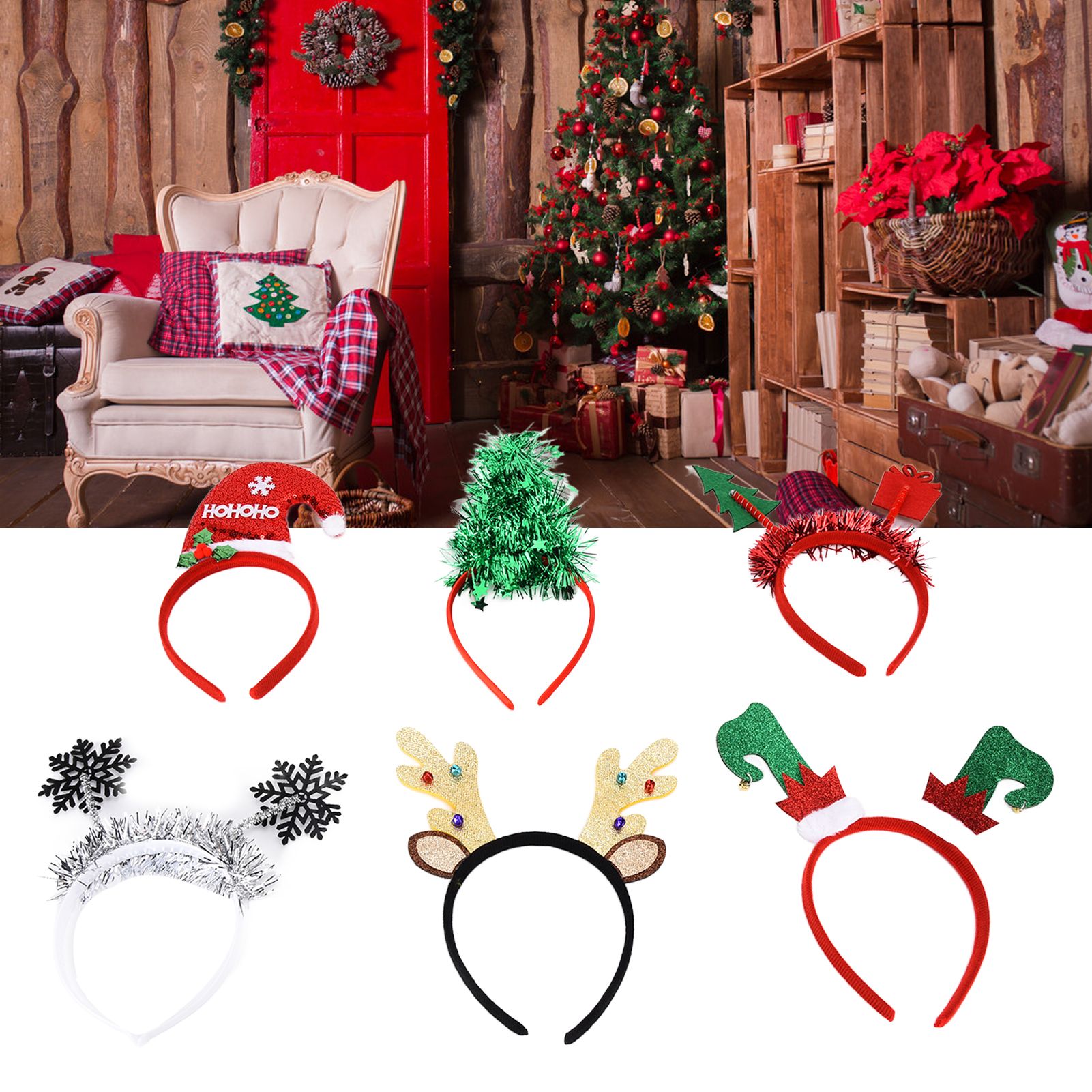 6Pcs Christmas Headband Christmas Tree Reindeer Snowflake Santa Hat Holiday view 12