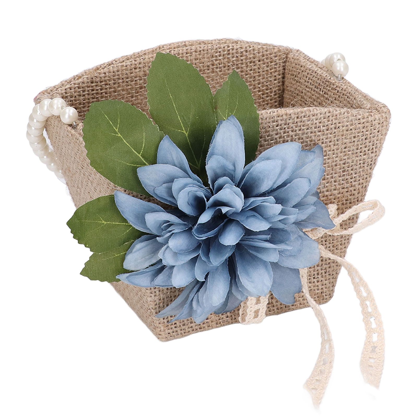 Flower Girl Basket Retro Linen Lovely Appearance Pearl Handle Lightweight view 6