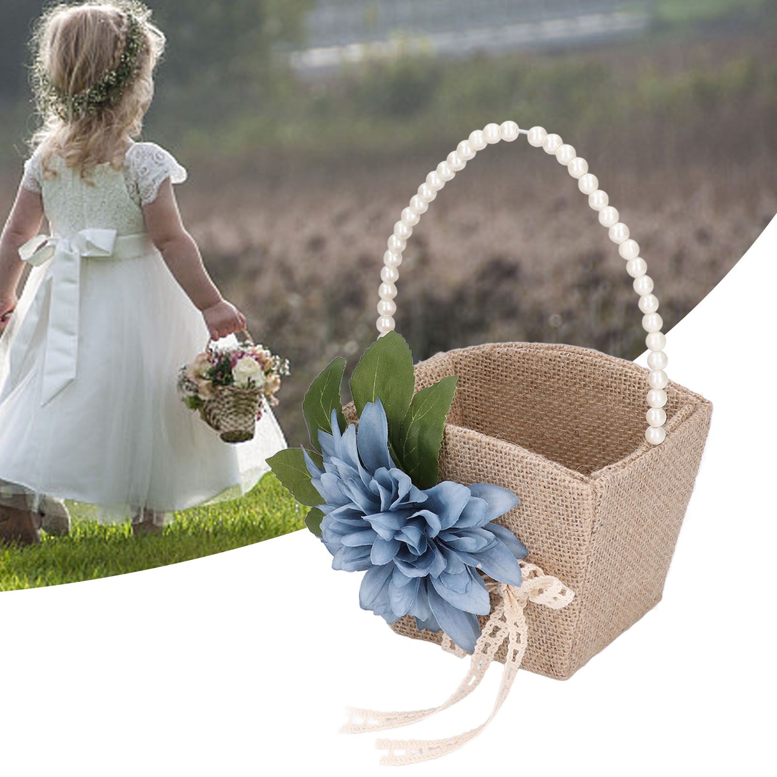 Flower Girl Basket Retro Linen Lovely Appearance Pearl Handle Lightweight view 12