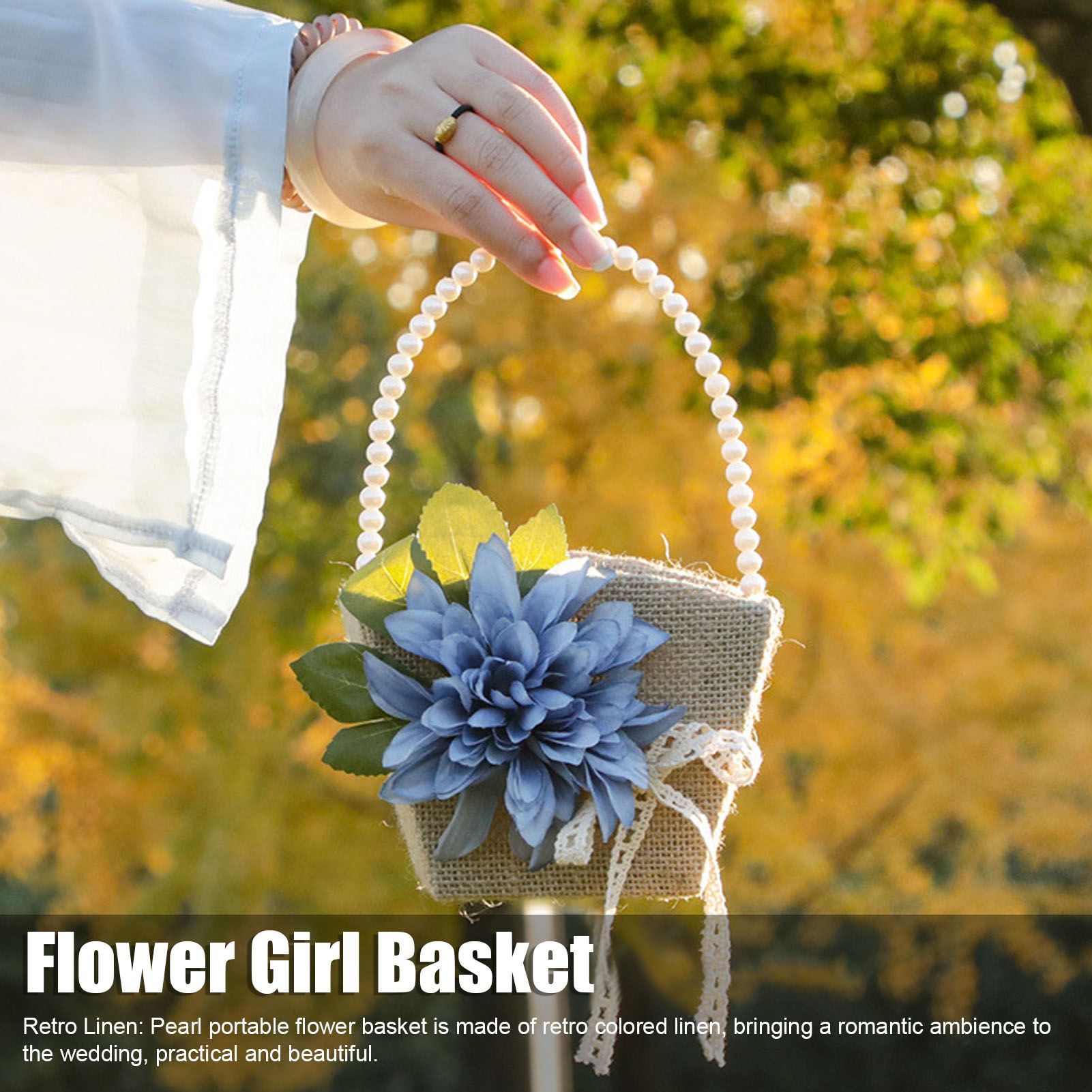 Flower Girl Basket Retro Linen Lovely Appearance Pearl Handle Lightweight view 14