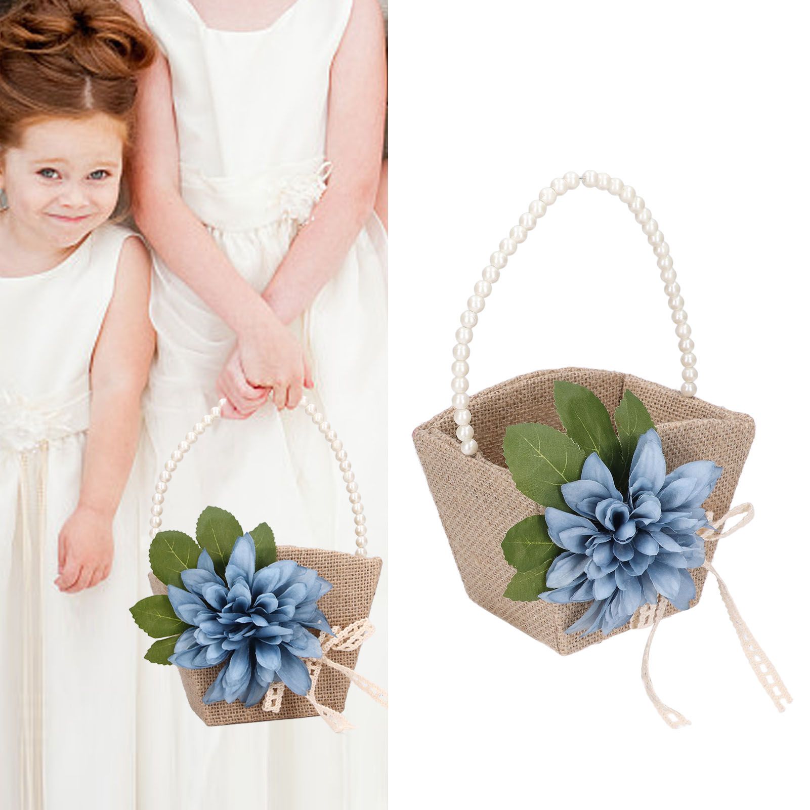 Flower Girl Basket Retro Linen Lovely Appearance Pearl Handle Lightweight view 15