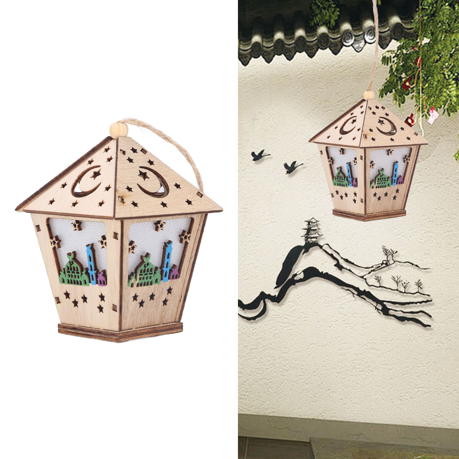 Ramadan Lamp Three Dimensional House Shape Unique Design Hanging Light Wooden view 12