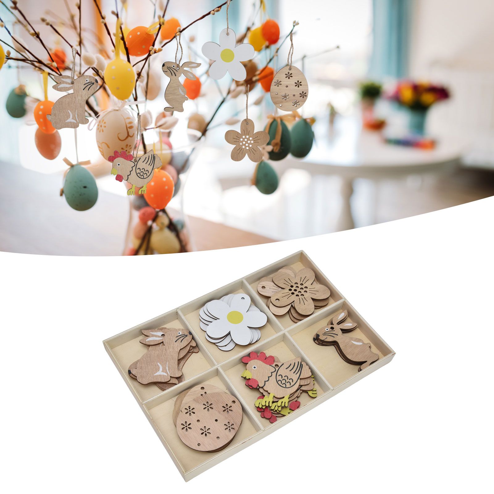 30Pcs Wooden Easter Pendant Bunny Flower Chicken Eggs Durable Wood Eye view 11