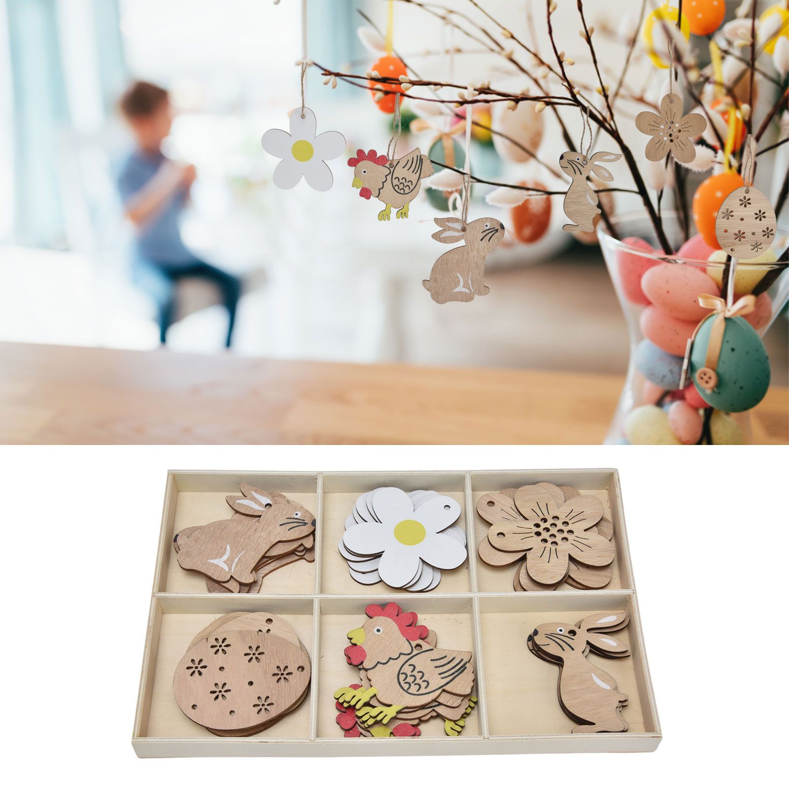 30Pcs Wooden Easter Pendant Bunny Flower Chicken Eggs Durable Wood Eye view 12
