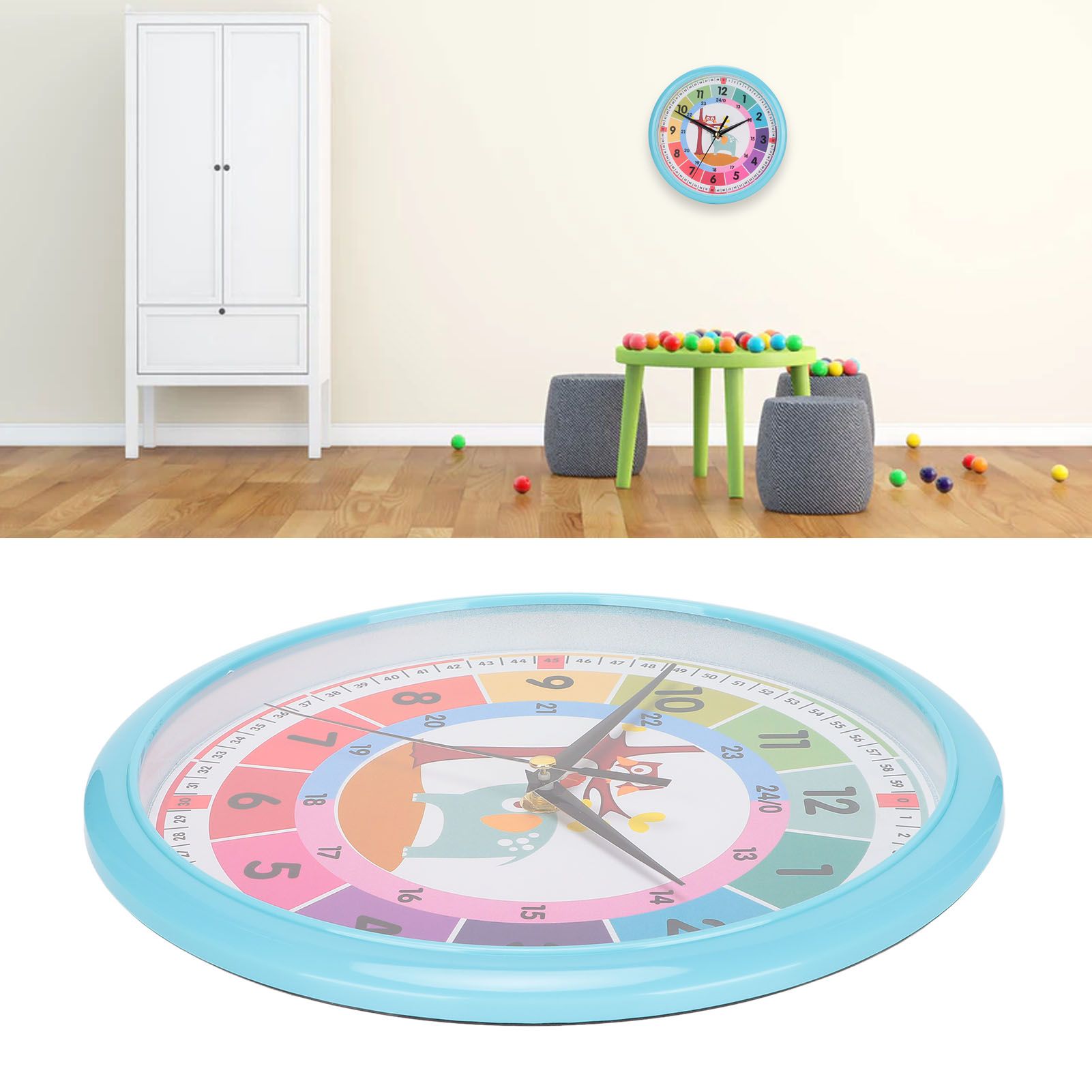 Wall Clock Plastic Cartoon Colorful Quartz Time Learning Hanging Clock for view 12