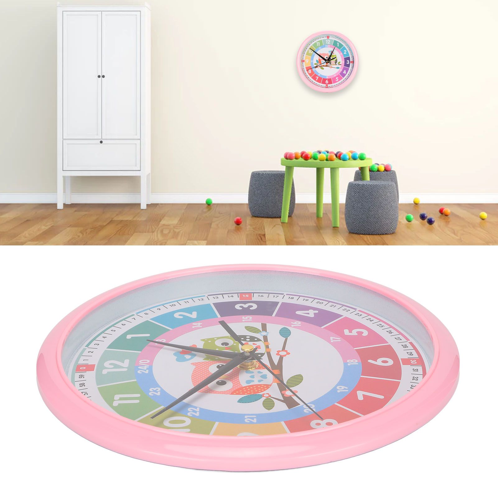 Wall Clock Plastic Cartoon Colorful Quartz Time Learning Hanging Clock for view 12