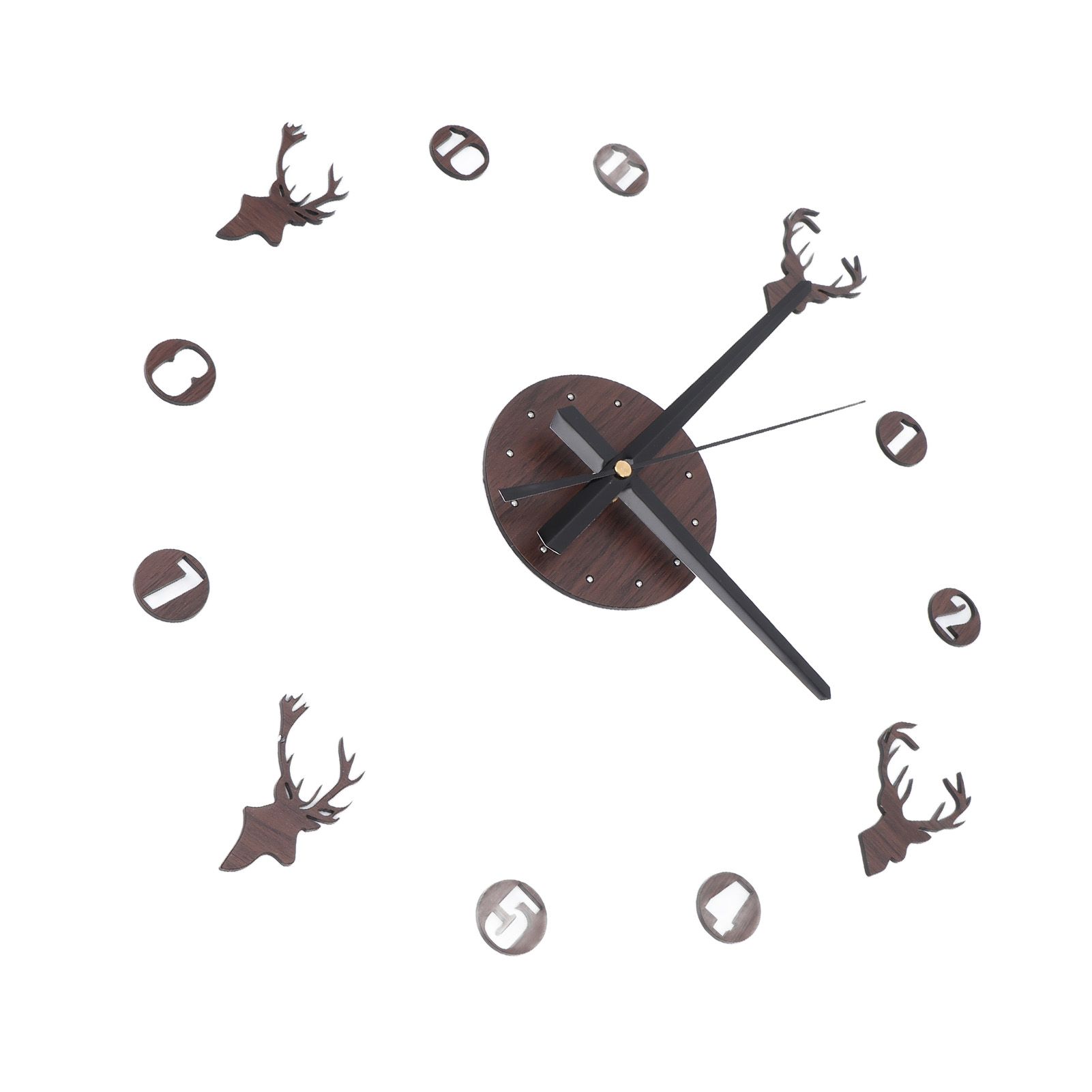 Frameless Wall Clock Deer Head 3D Effect Self Adhesive DIY Clock with Silent view 3