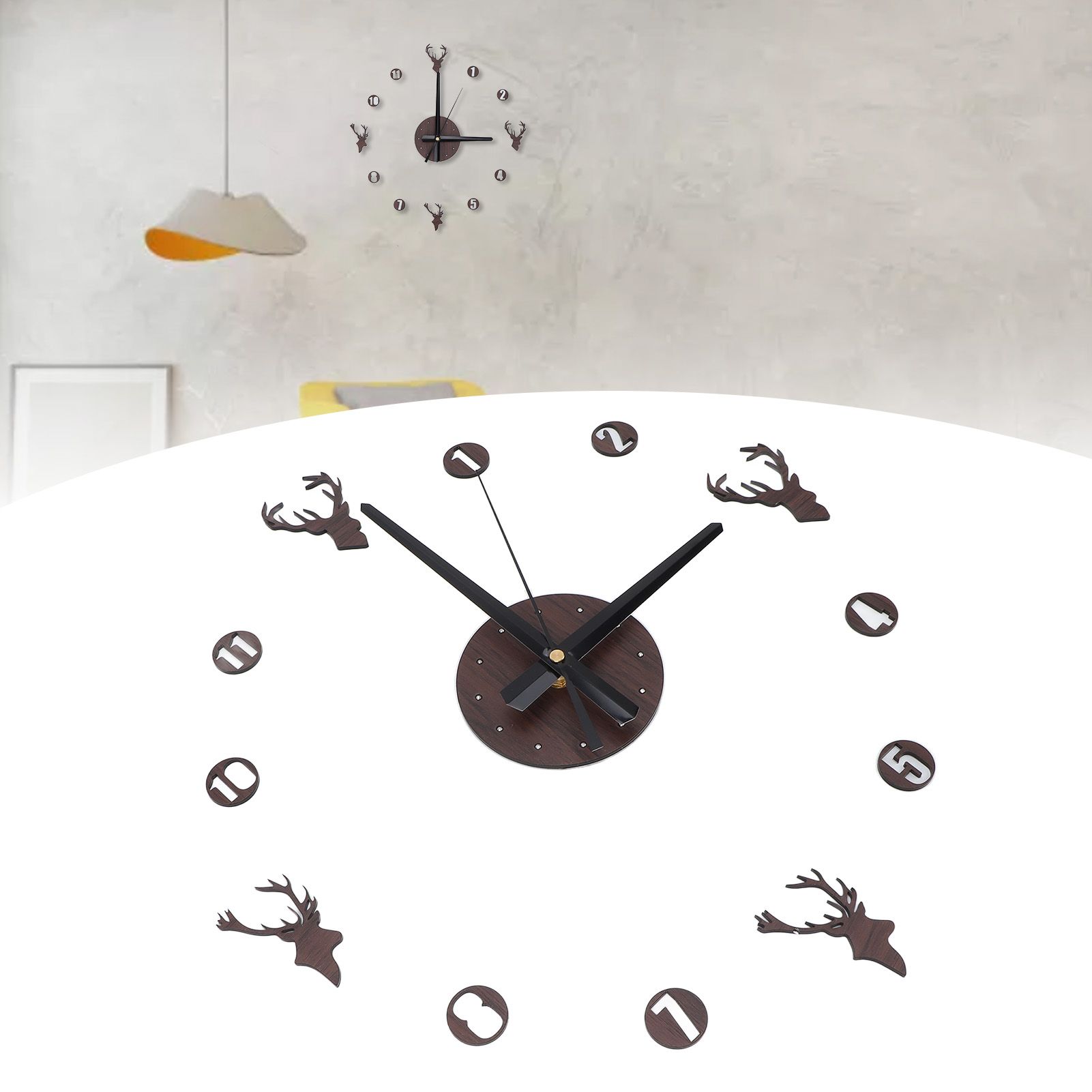 Frameless Wall Clock Deer Head 3D Effect Self Adhesive DIY Clock with Silent view 11