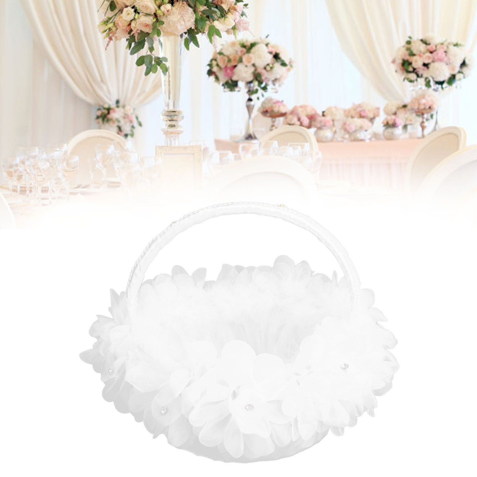 Wedding Flower Girl Basket Artificial Ostrich Feathers Lace Petal Western view 12
