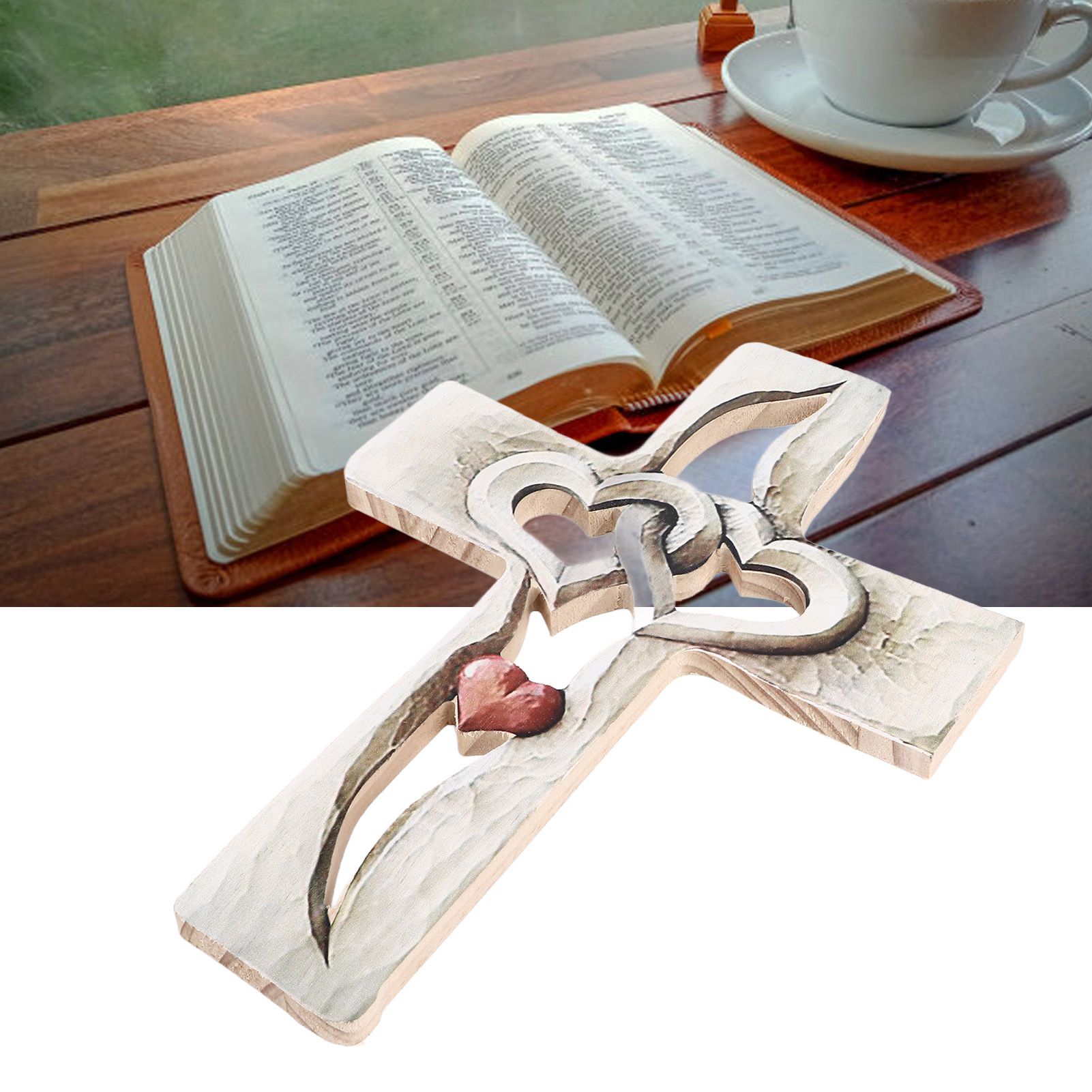 Carved Wooden Cross Intertwined Hearts Wall Hanging Hand Carved Wood Cross for view 11
