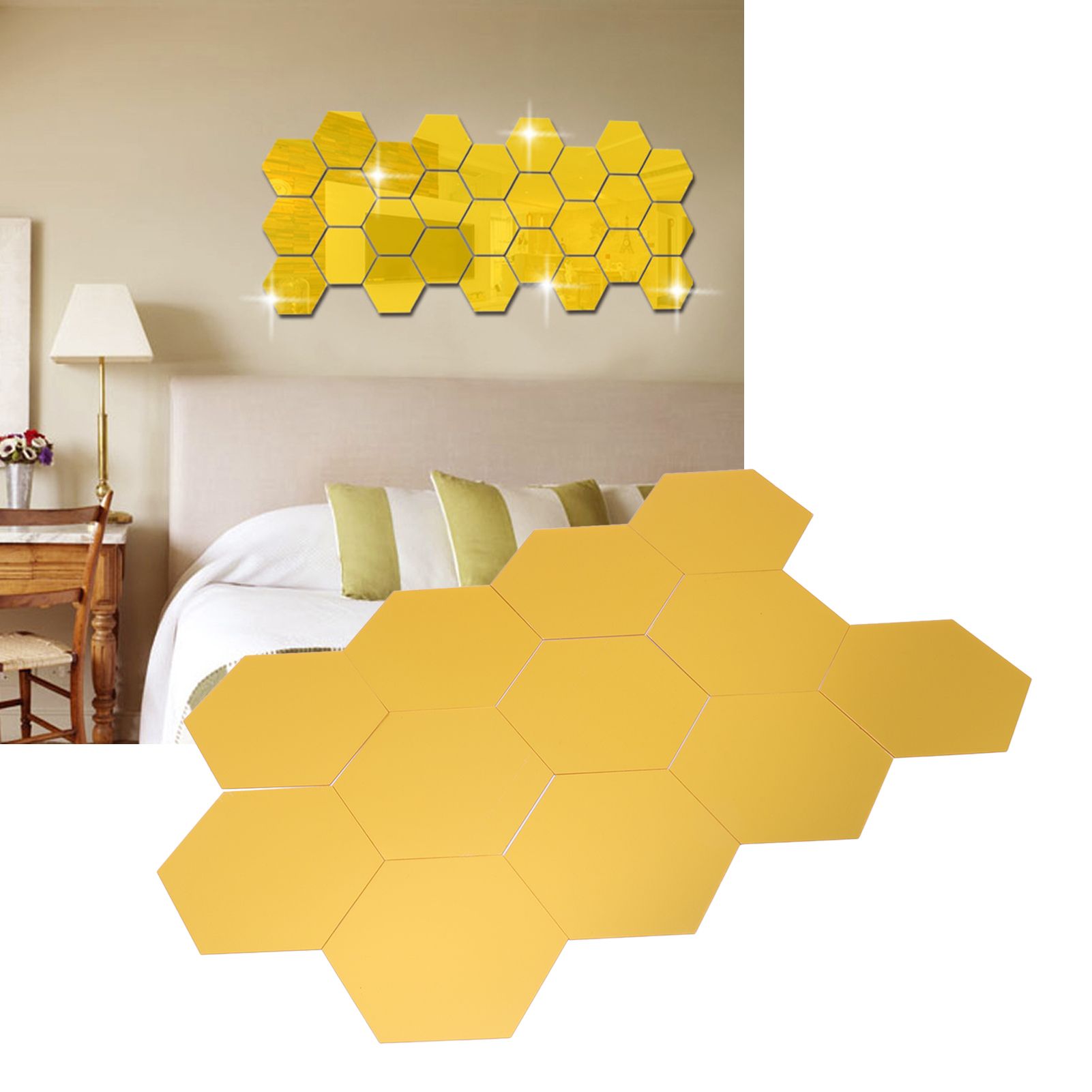 12Pcs Mirror Wall Sticker Gold Hex Shape Large Acrylic Mirror Wall Decal for view 11