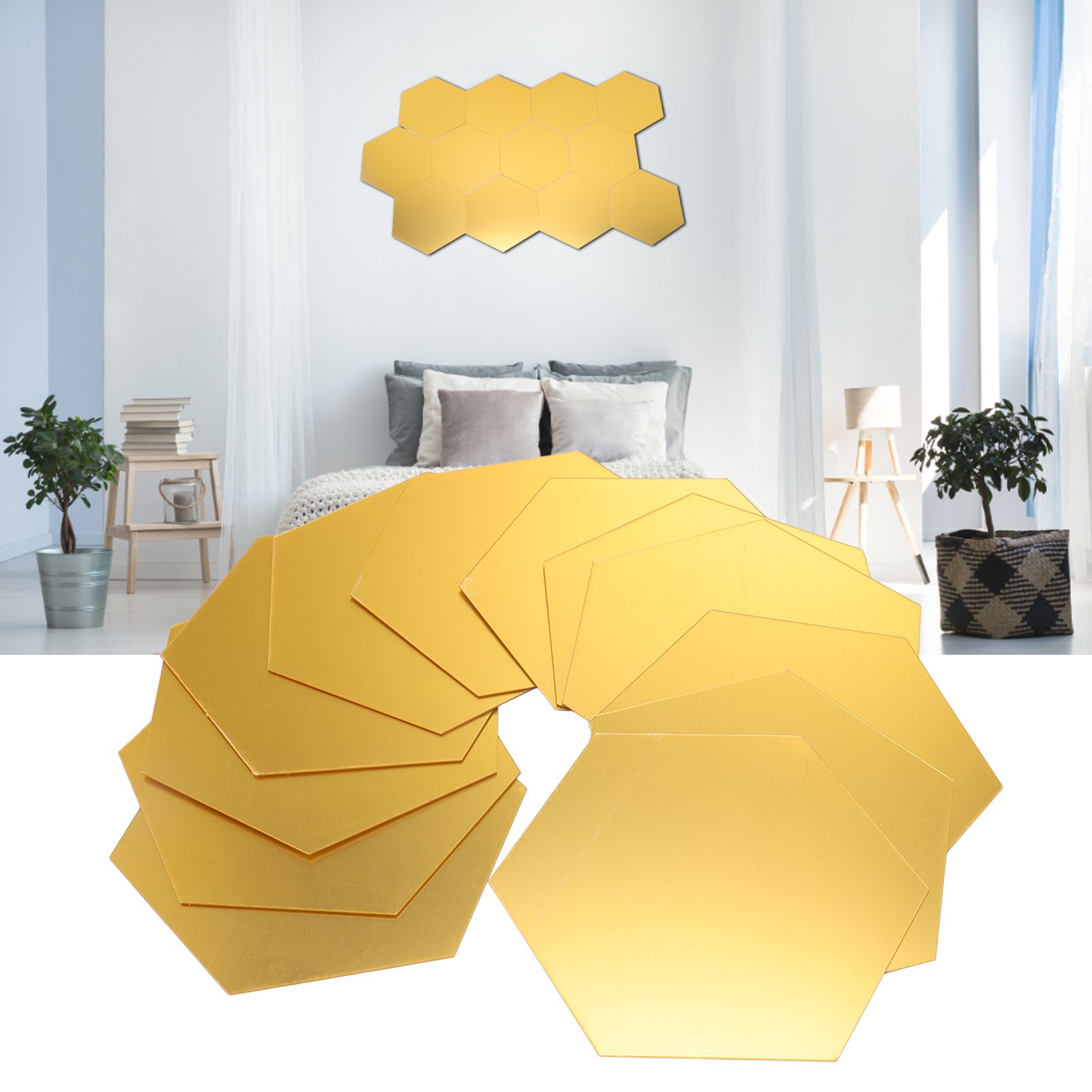 12Pcs Mirror Wall Sticker Gold Hex Shape Large Acrylic Mirror Wall Decal for view 12