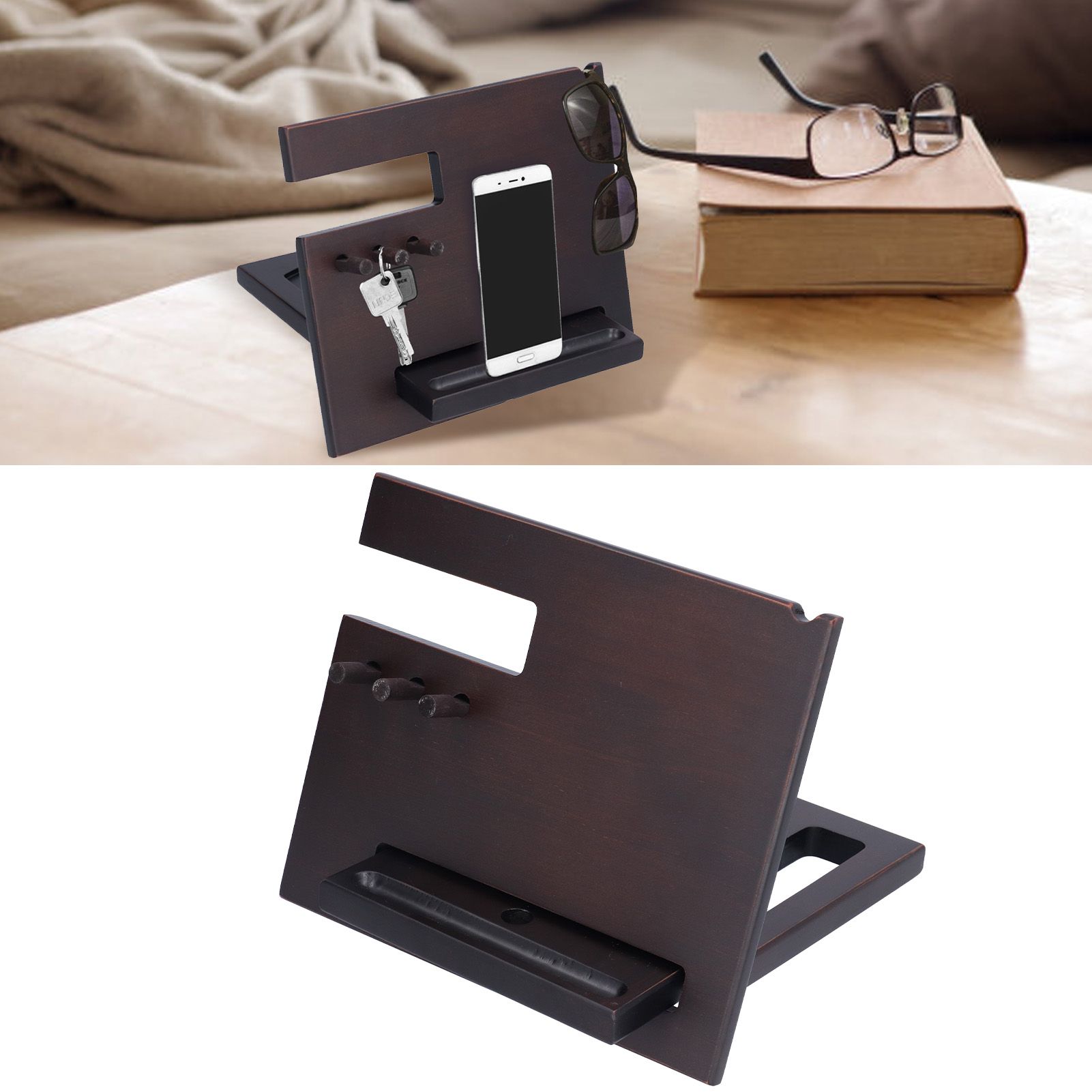 Wooden Mobile Phone Base Multifunctional Keychain Holder Storage Rack for Home view 12