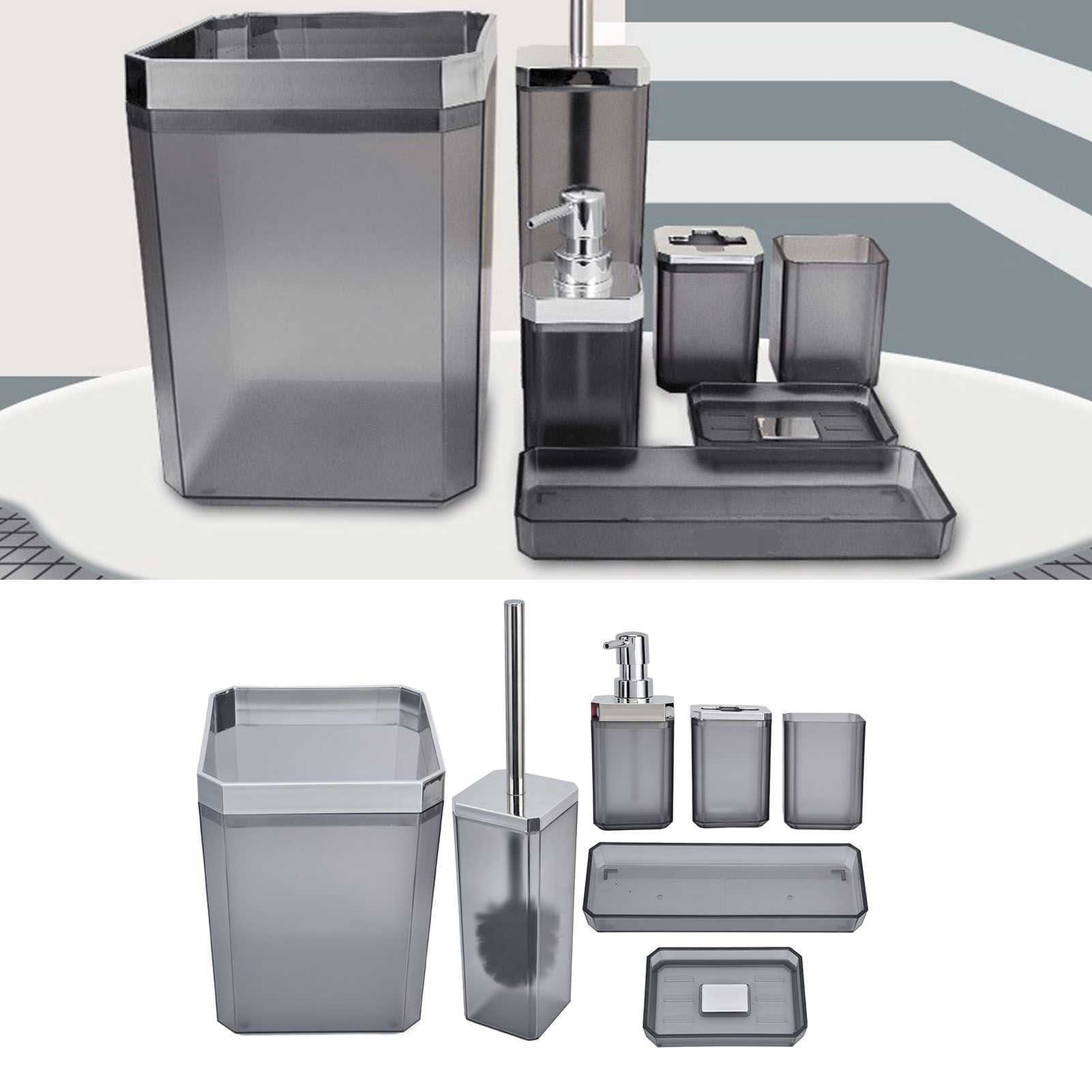 7Pcs/Set Plastic Bathroom Accessory Grey Toothbrush Holder Soap Tray Kit for view 11