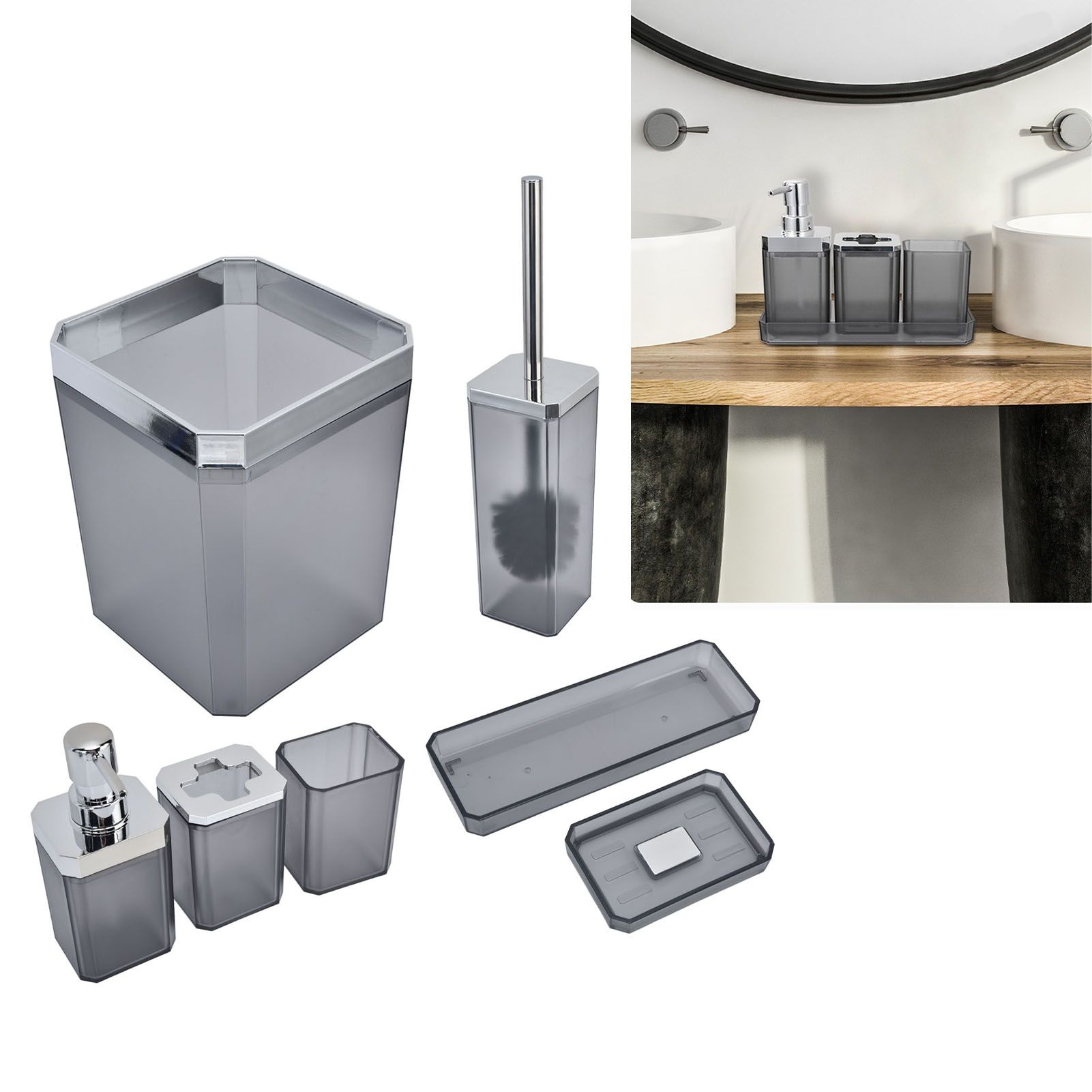 7Pcs/Set Plastic Bathroom Accessory Grey Toothbrush Holder Soap Tray Kit for view 12