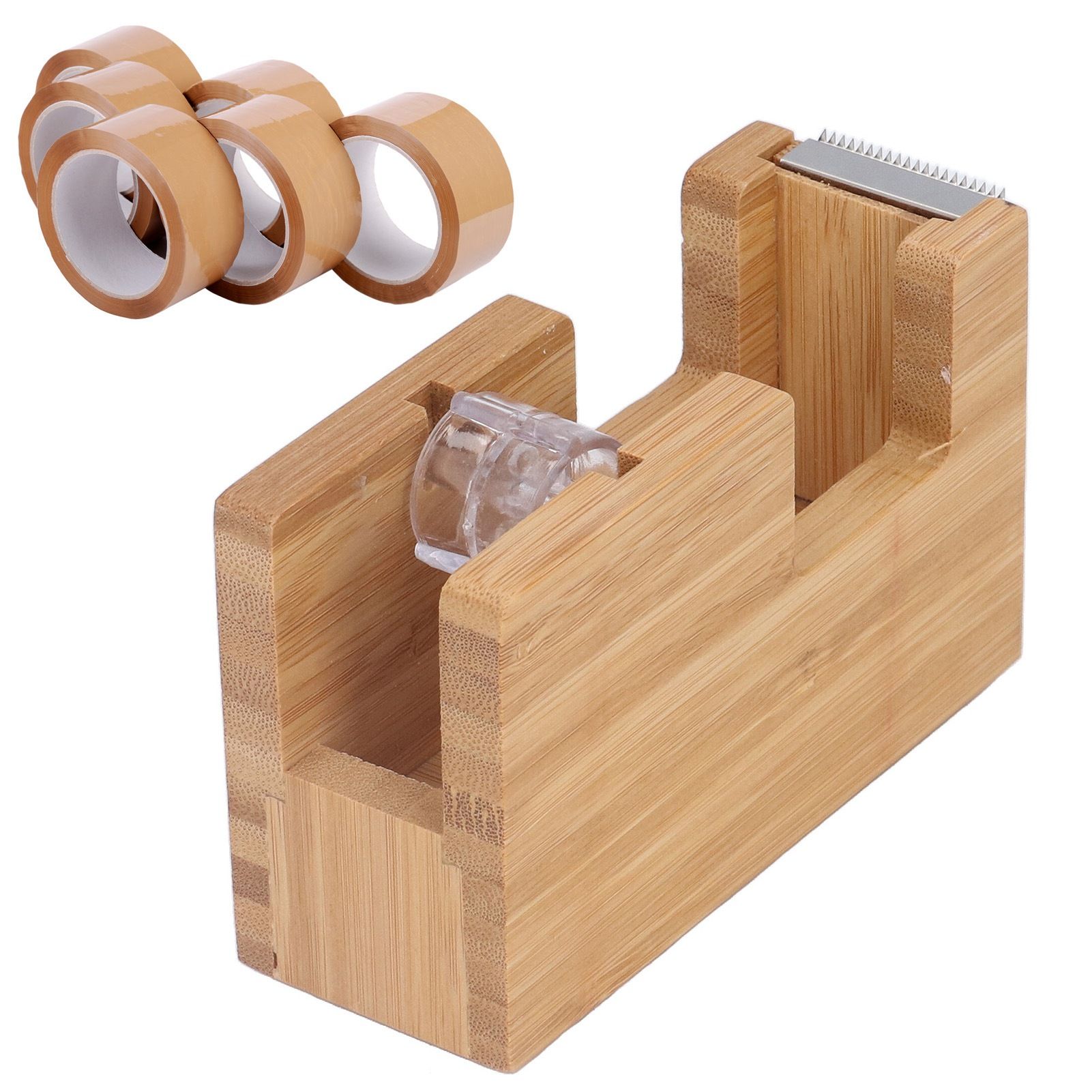 Desktop Tape Dispenser Bamboo Wood Tape Cutter Holder Adhesive Roll Base view 11