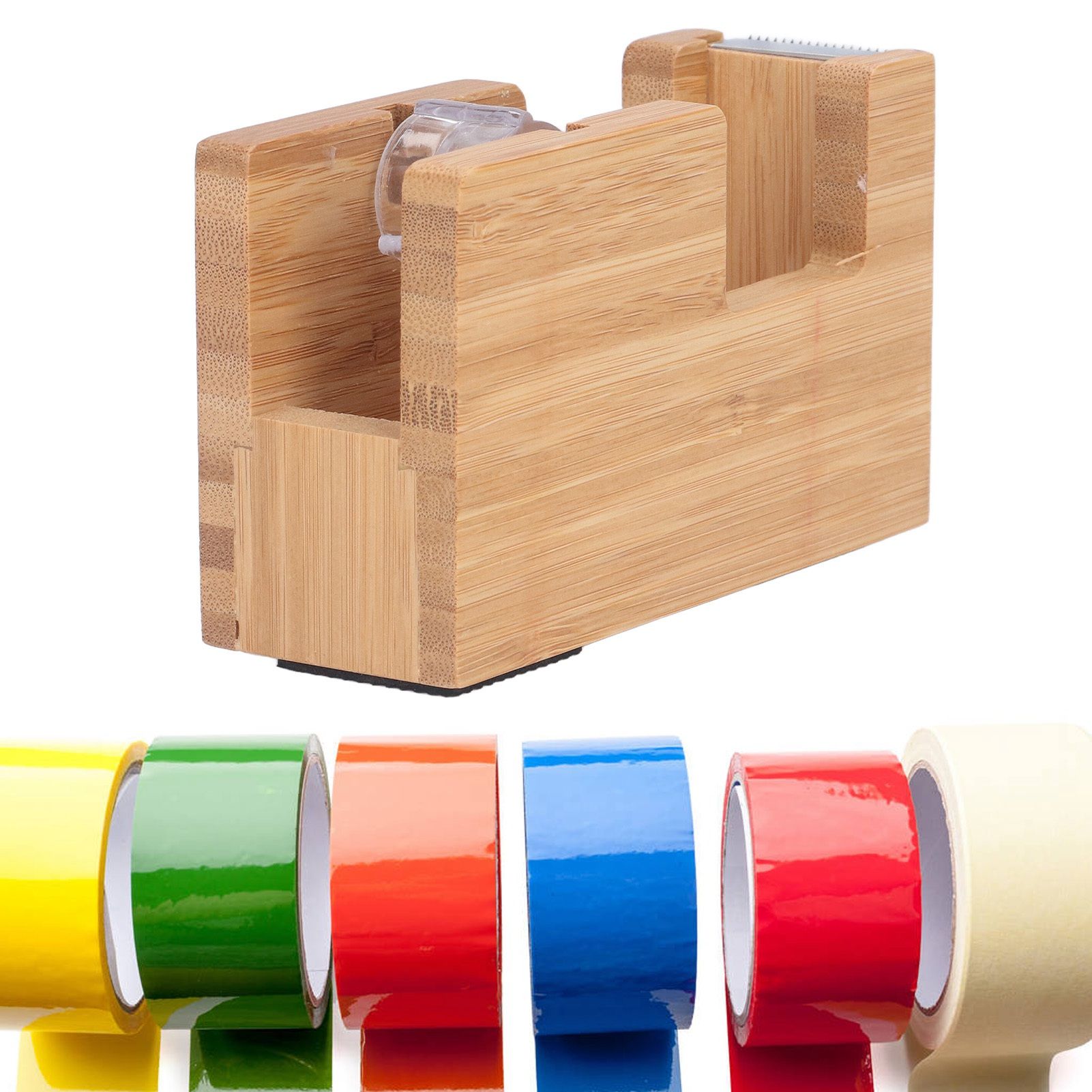 Desktop Tape Dispenser Bamboo Wood Tape Cutter Holder Adhesive Roll Base view 12