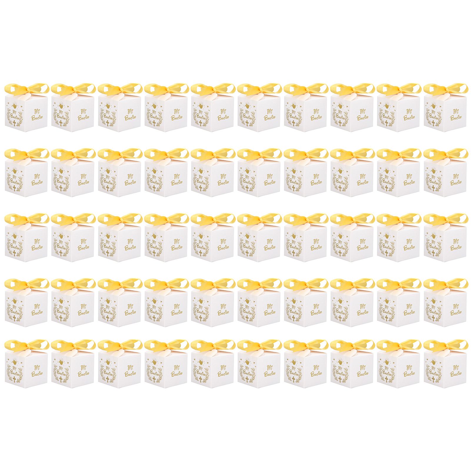 50pcs Party Favor Boxes Paper Material Mi Bautizo Pattern Equipped Gold Ribbon