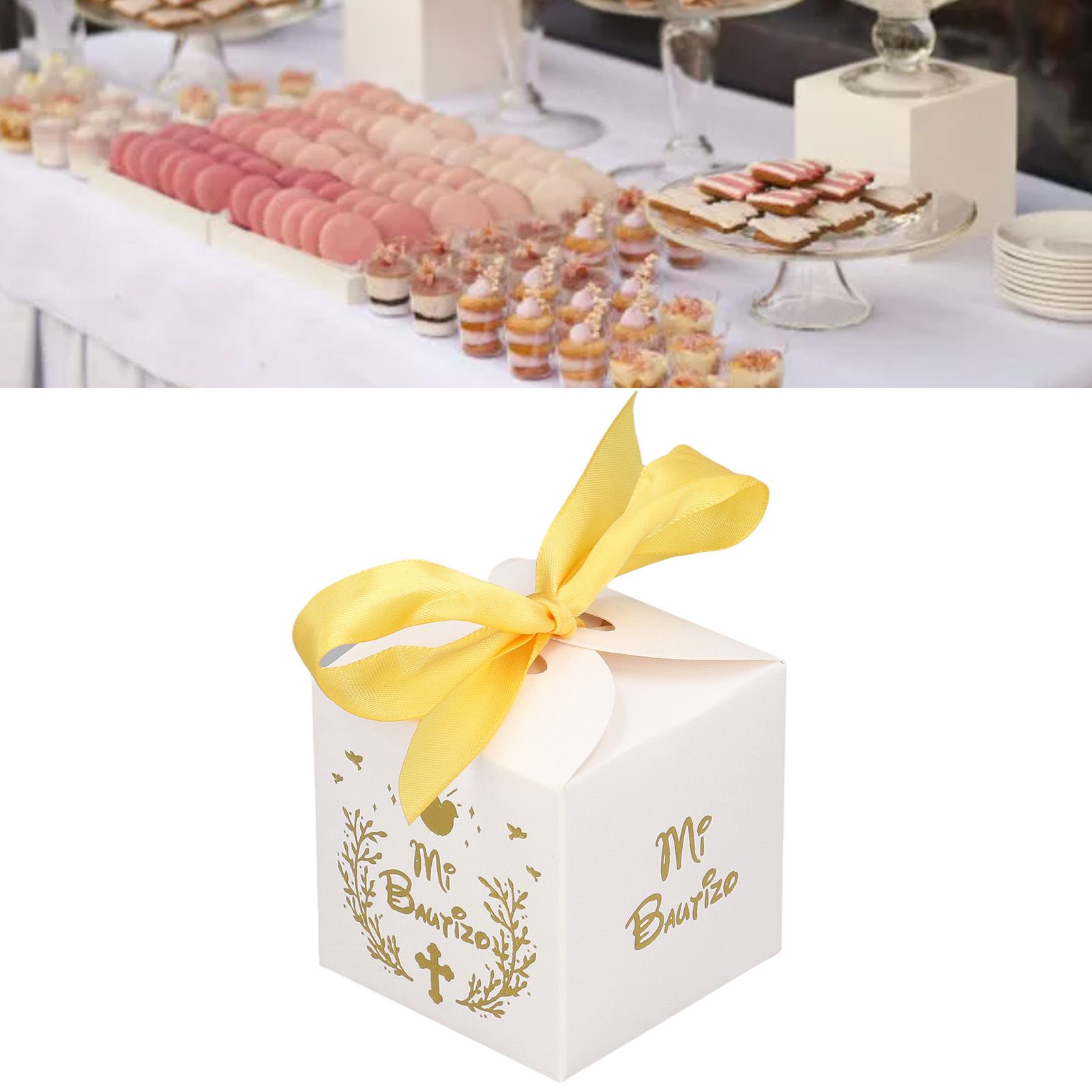 50pcs Party Favor Boxes Paper Material Mi Bautizo Pattern Equipped Gold Ribbon view 11