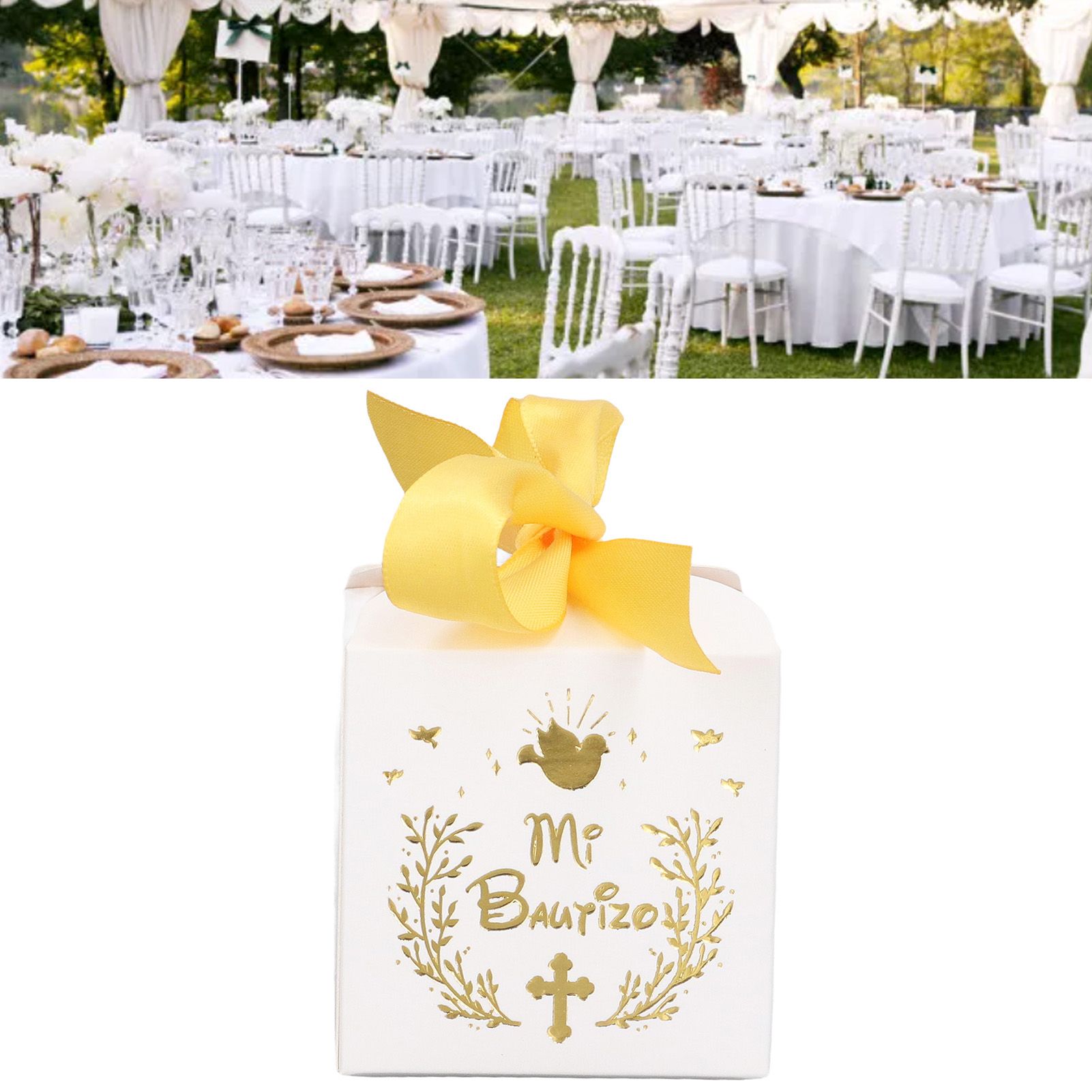 50pcs Party Favor Boxes Paper Material Mi Bautizo Pattern Equipped Gold Ribbon view 12