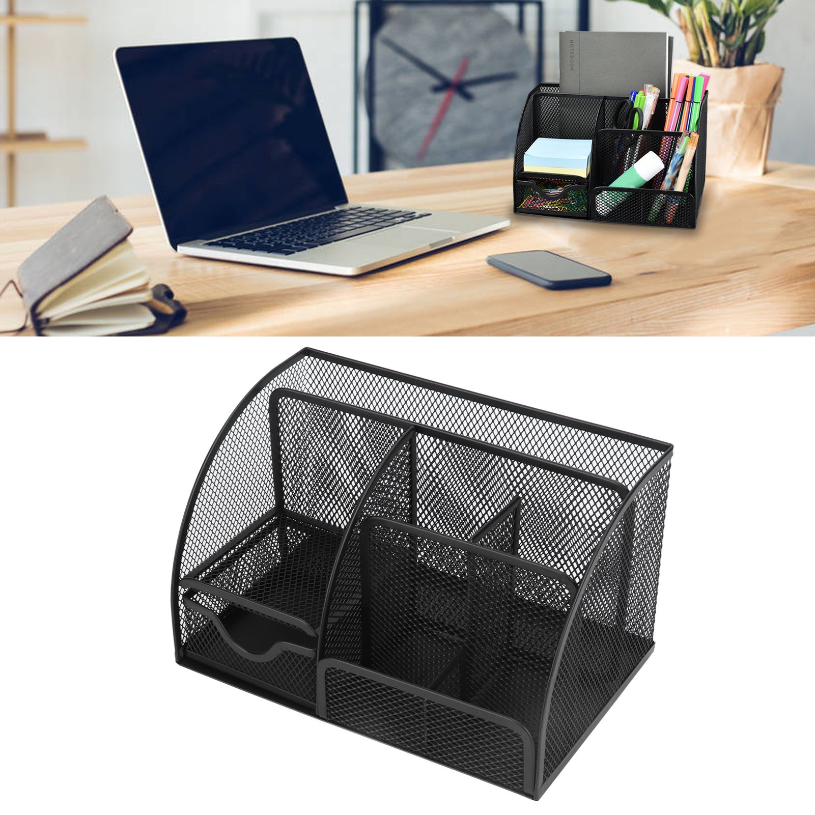 Desktop Mesh Pen Storage Holder 7 Compartments Multifunction Black for Home view 11