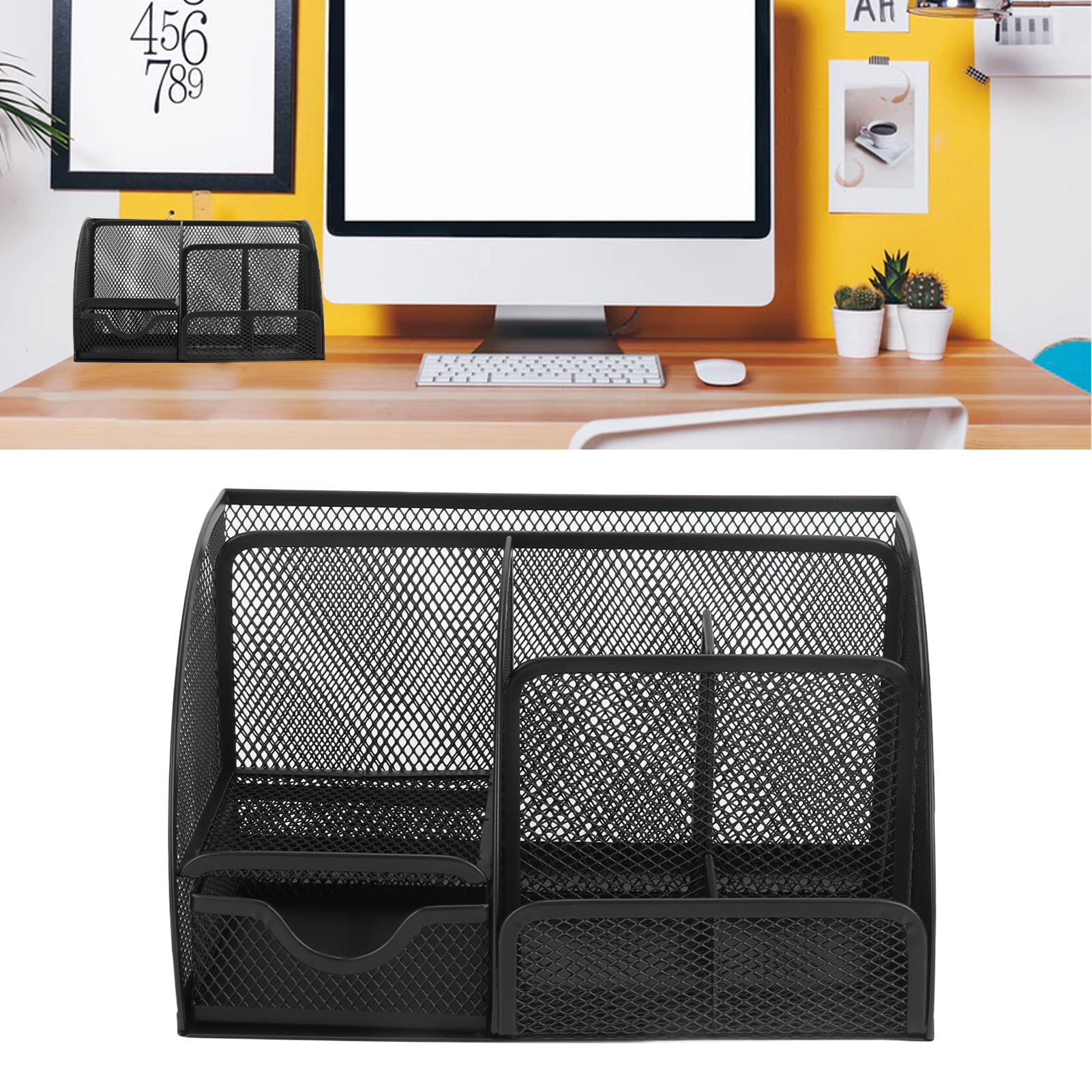 Desktop Mesh Pen Storage Holder 7 Compartments Multifunction Black for Home view 12