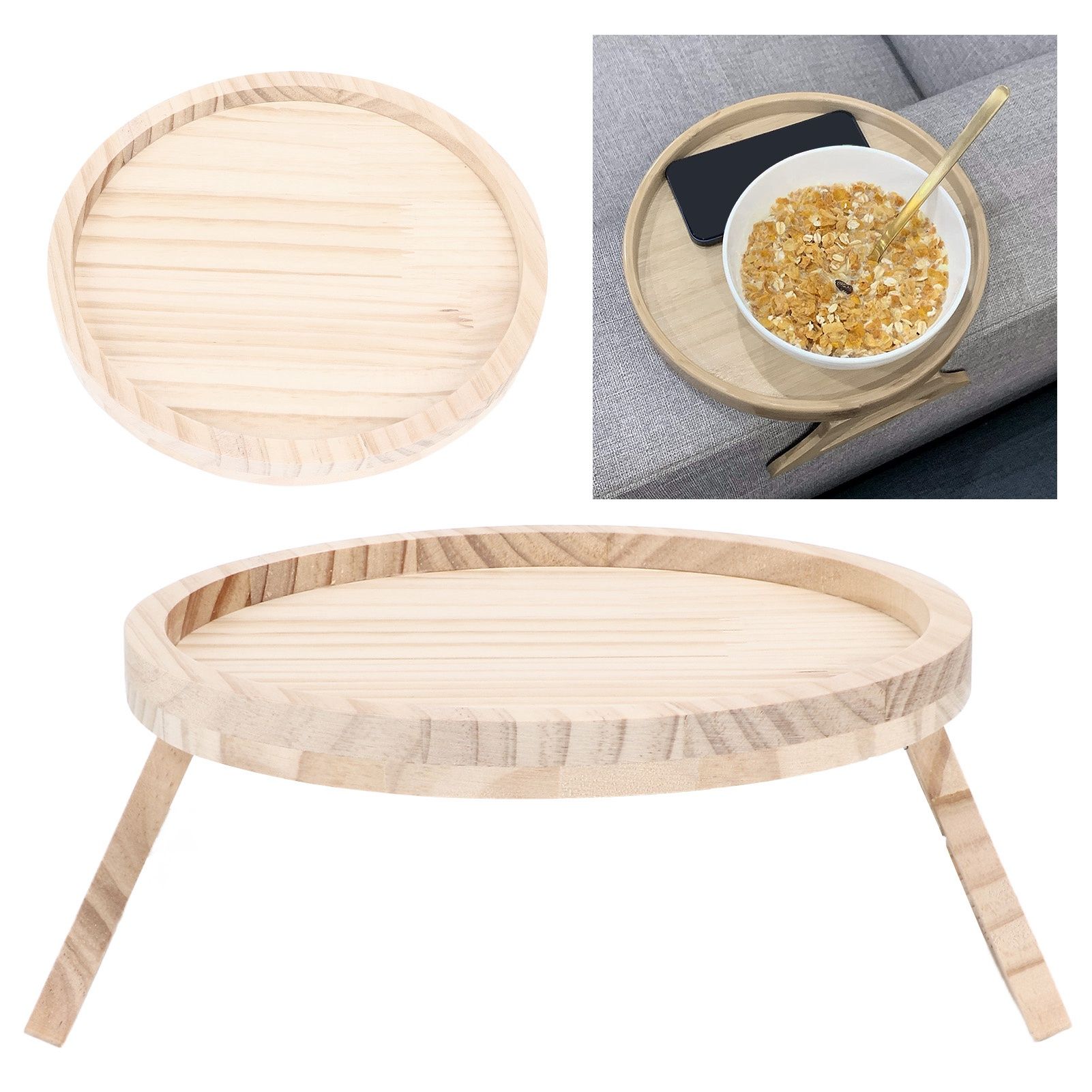Clip On Tray Natural Bamboo 9.8in Round Home Couch Sofa Armrest Clip Tray view 11