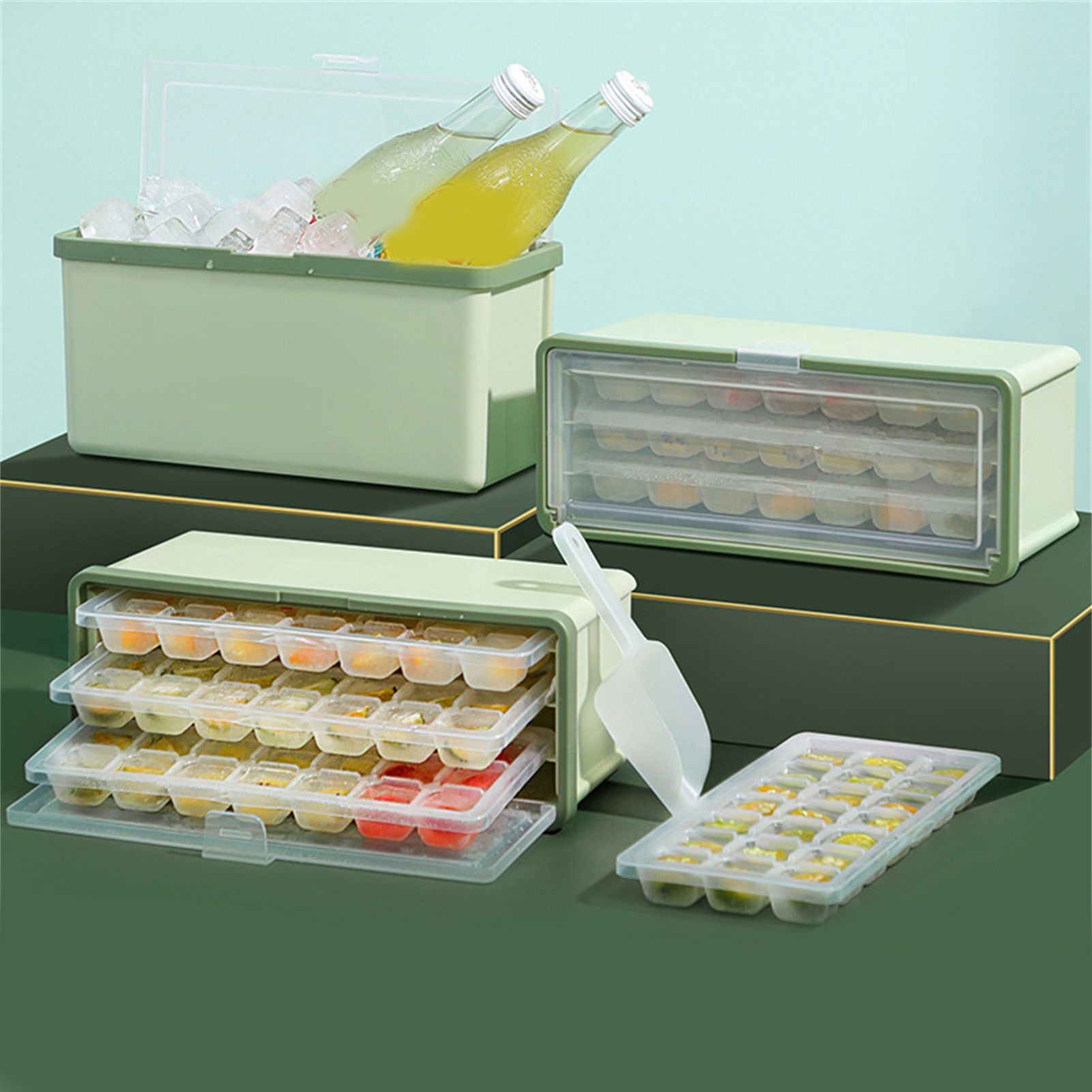 3 Layer Ice Cube Tray Large Capacity Easy Demoulding Pull Out Ice Cube Bin view 2