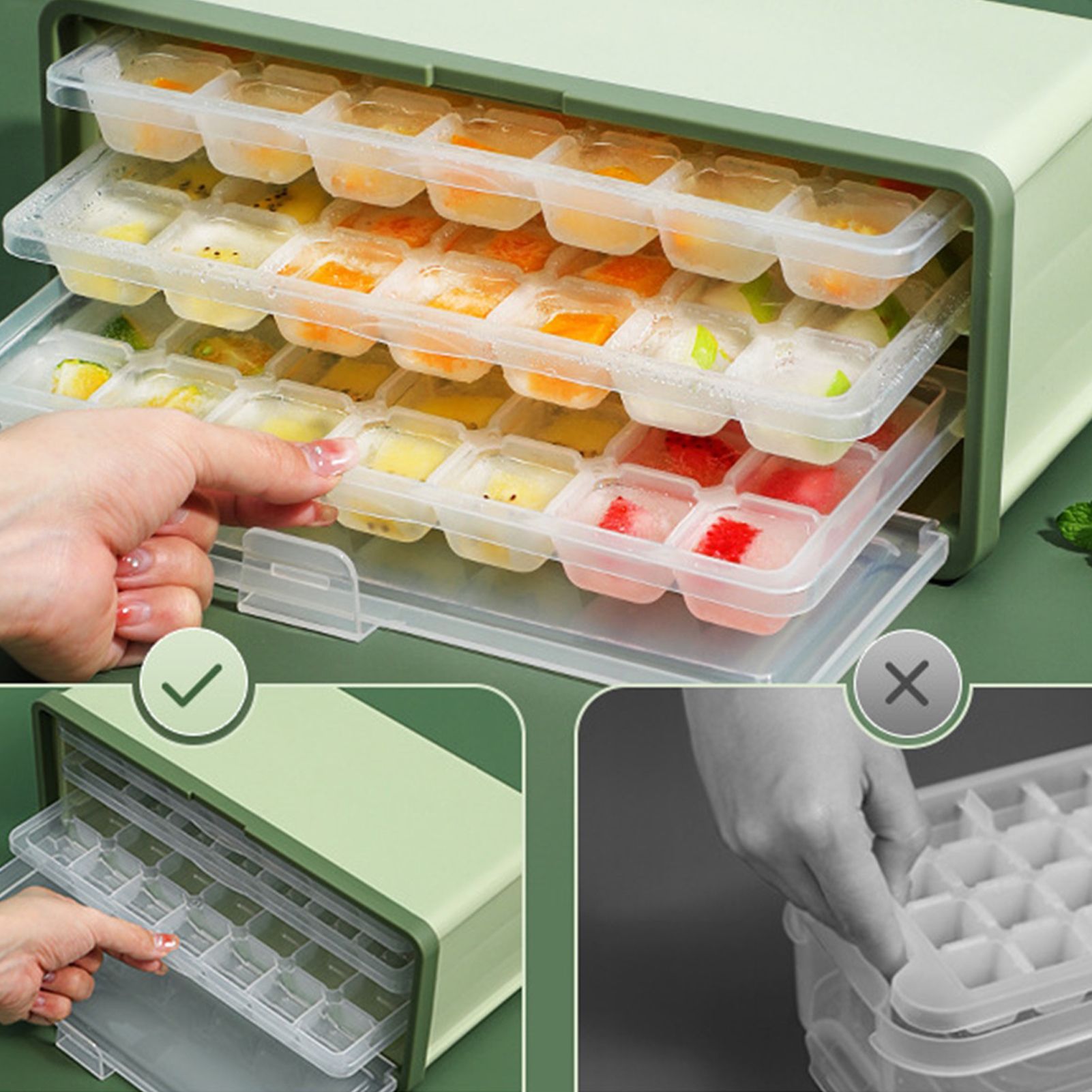 3 Layer Ice Cube Tray Large Capacity Easy Demoulding Pull Out Ice Cube Bin view 3