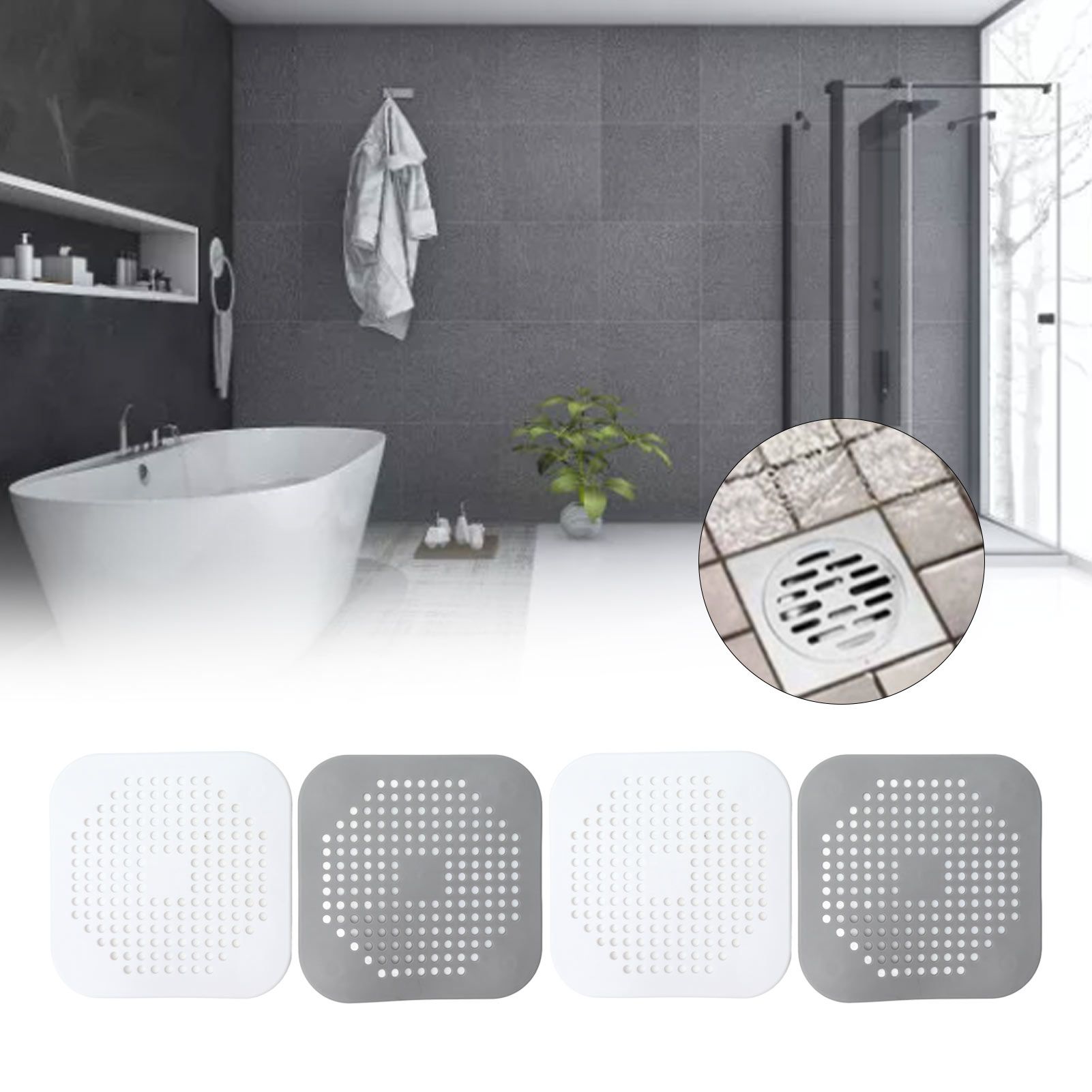4 Pcs Drain Hair Catcher Square TPR Shower Hair Stopper with Suction Cup for view 11
