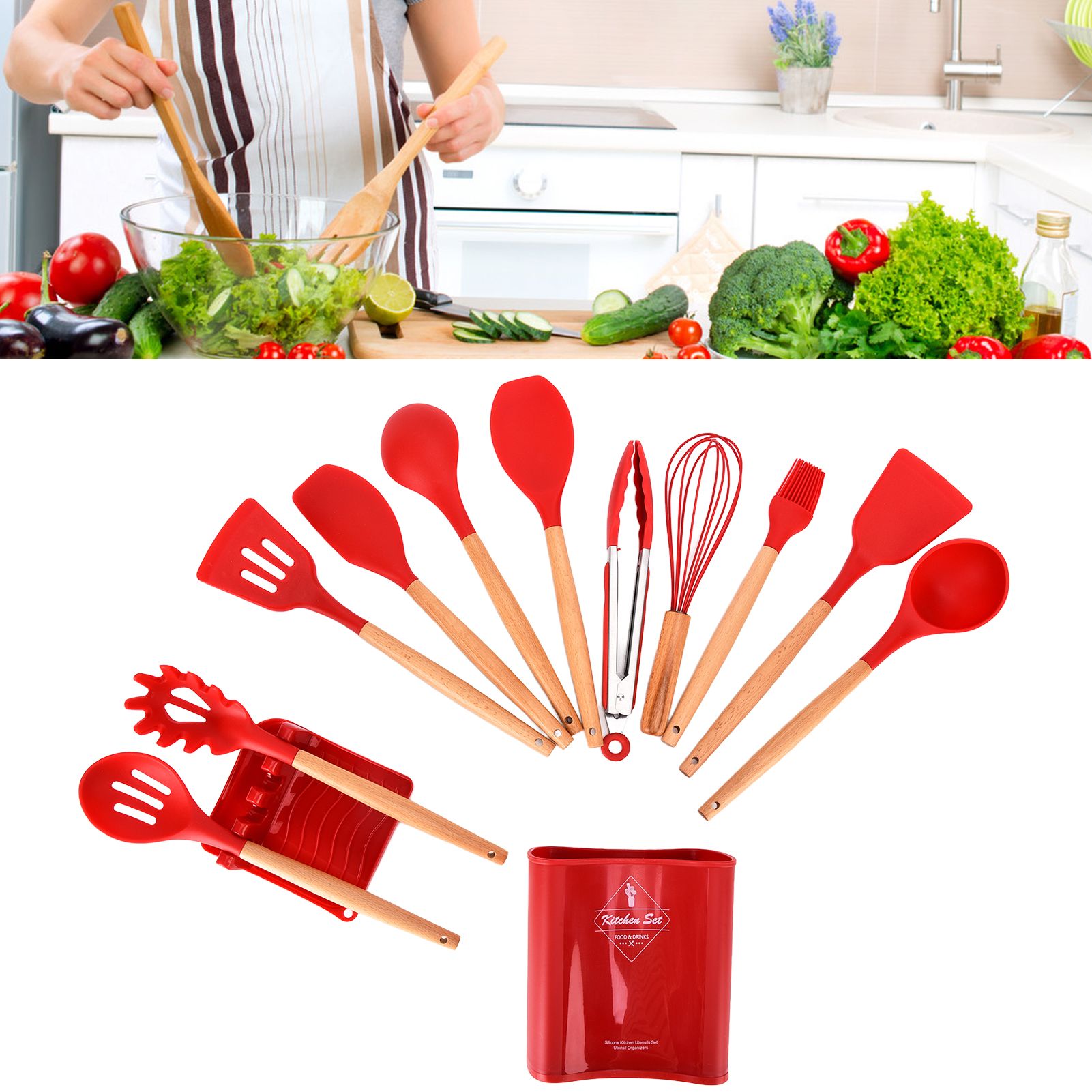 13Pcs Silicone Cooking Utensils Set Non Stick Spatula Shovel Wooden Handle view 11