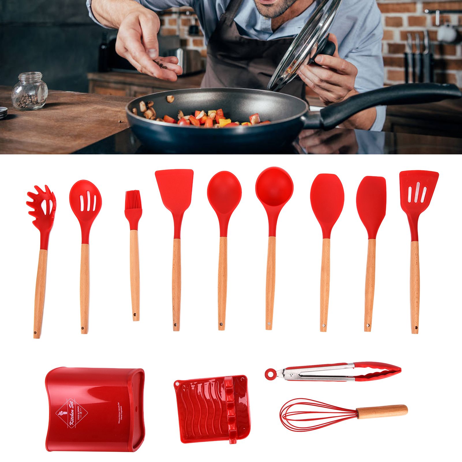 13Pcs Silicone Cooking Utensils Set Non Stick Spatula Shovel Wooden Handle view 12