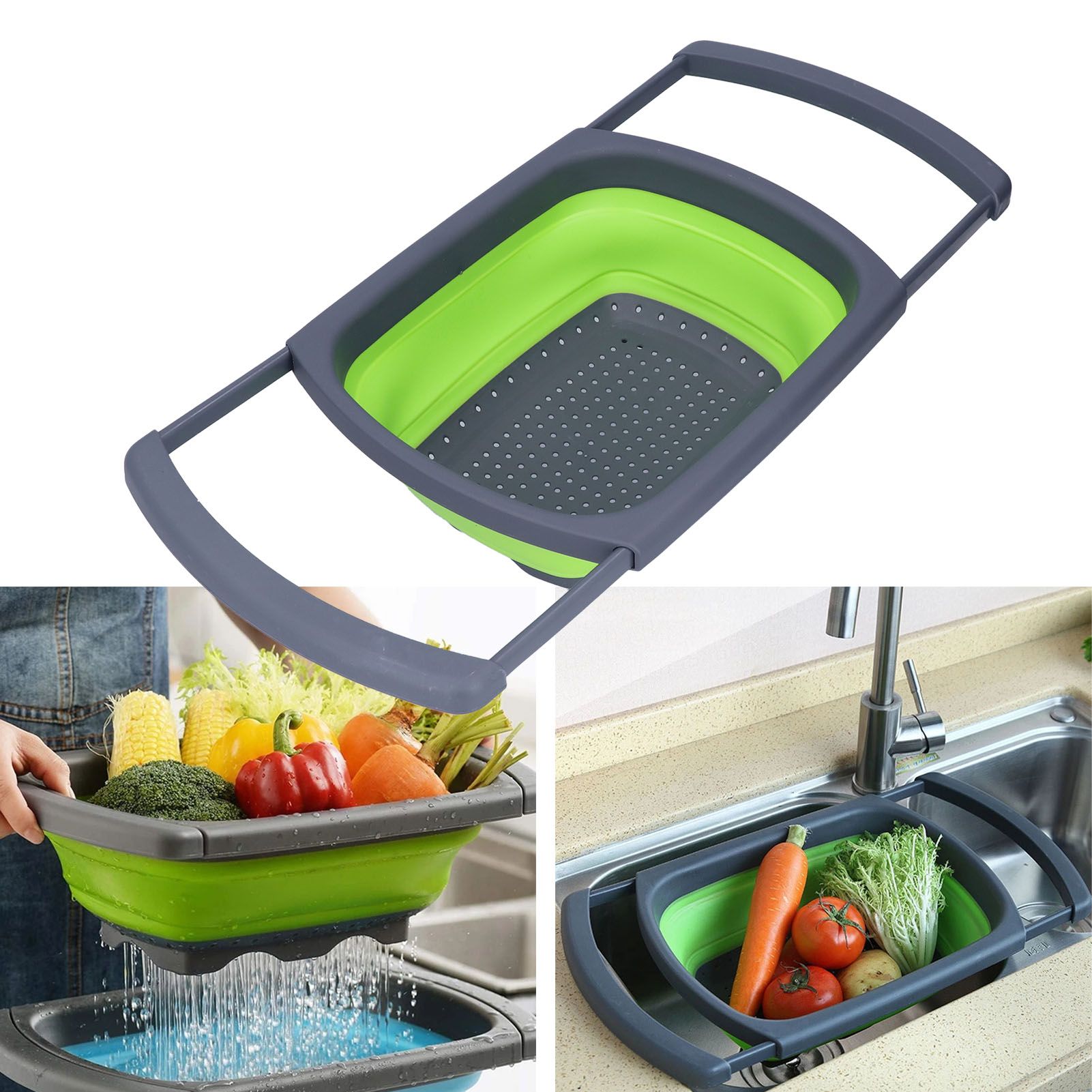 Green Foldable Drain Basket Silicone Collapsible Fruit Vegetable Wash Strainer view 12