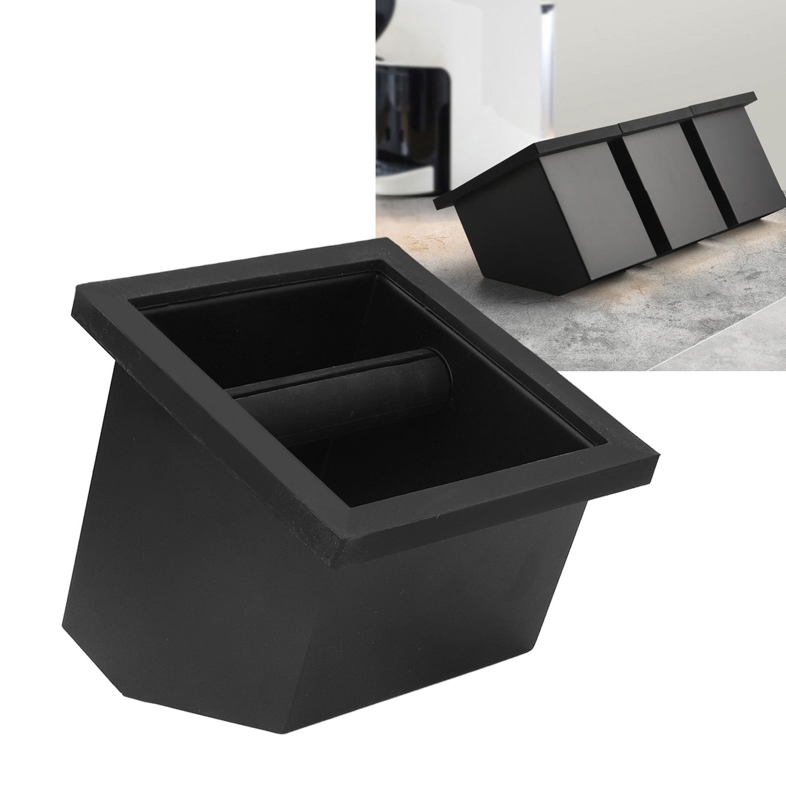 Coffee Knock Box Grounds Disposal Bin Bottomless Embedded Oblique Mouth view 11