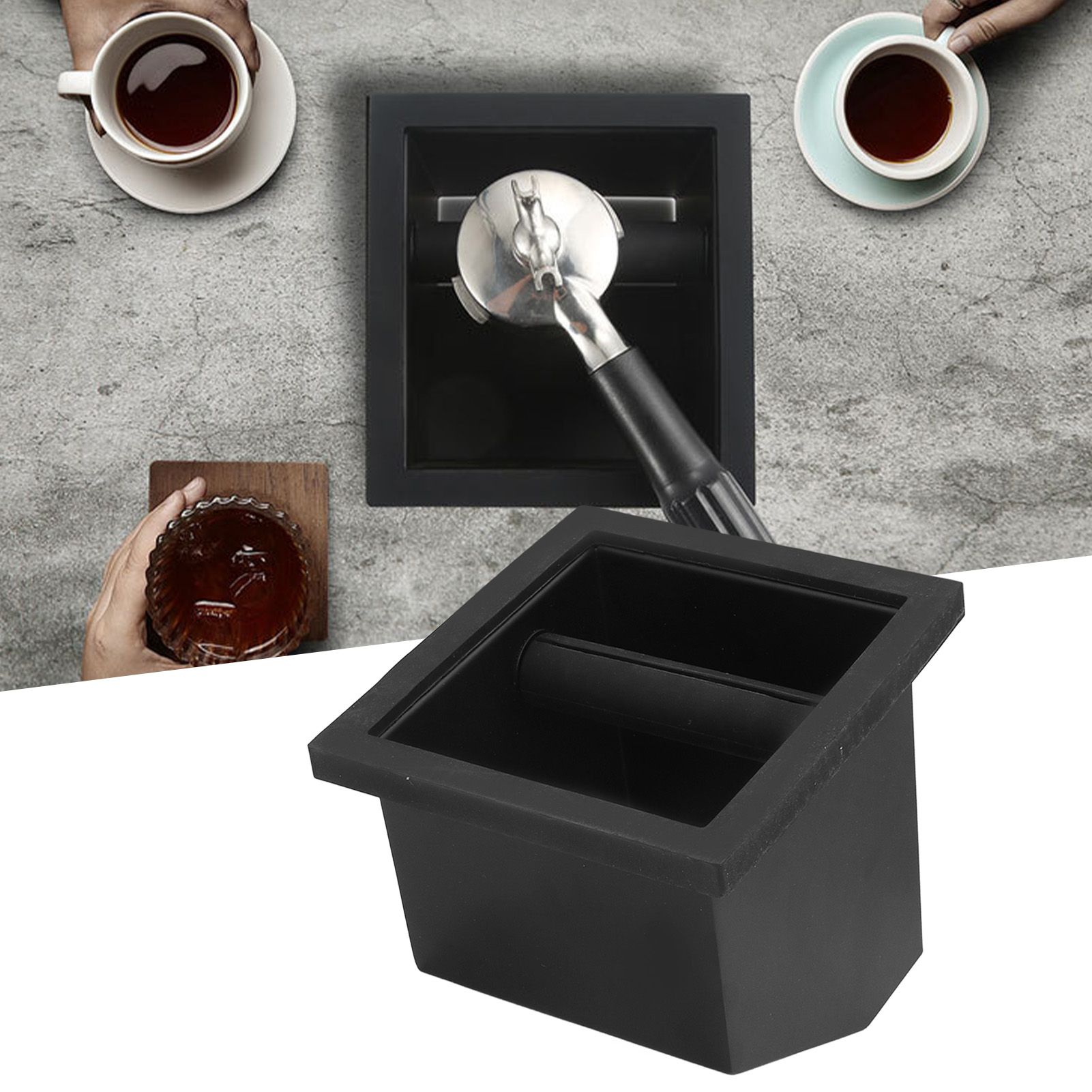Coffee Knock Box Grounds Disposal Bin Bottomless Embedded Oblique Mouth view 12