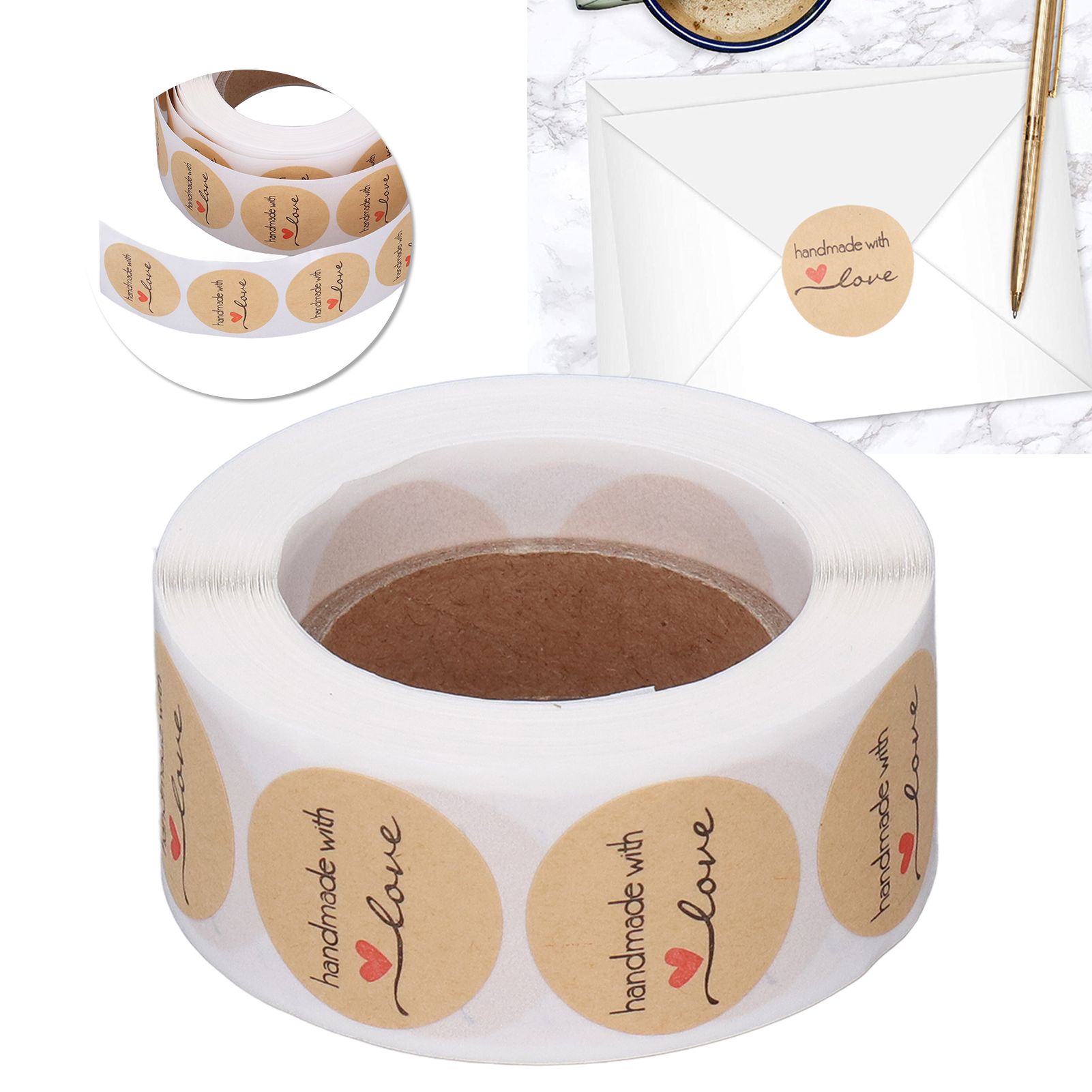 1 Roll Kraft Paper Stickers Handmade with Love Design Cute Heart Stationery view 12