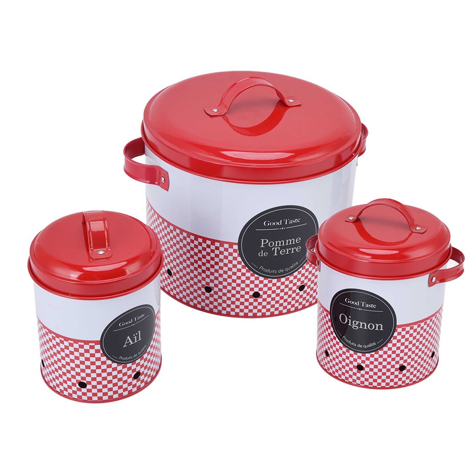 3 Pcs Canister Set Large Capacity Red White Round Storage Bucket Farmhouse view 3