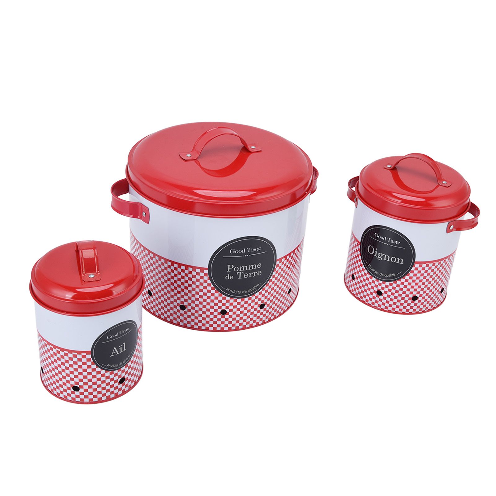 3 Pcs Canister Set Large Capacity Red White Round Storage Bucket Farmhouse view 4