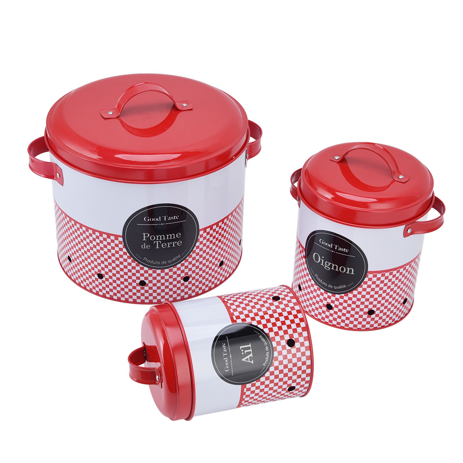 3 Pcs Canister Set Large Capacity Red White Round Storage Bucket Farmhouse view 5