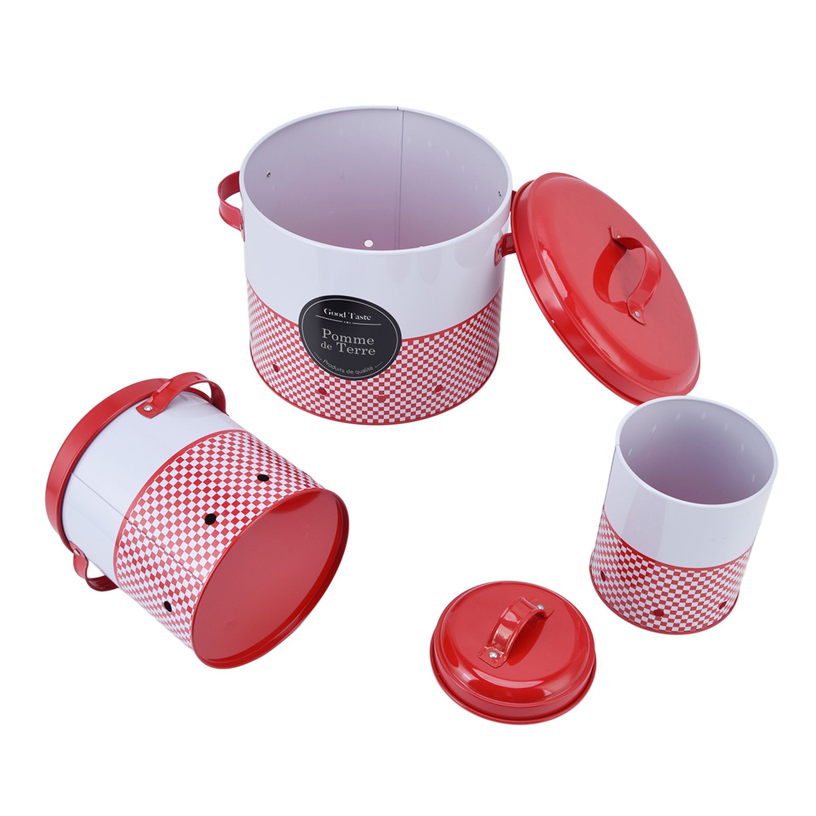 3 Pcs Canister Set Large Capacity Red White Round Storage Bucket Farmhouse view 7