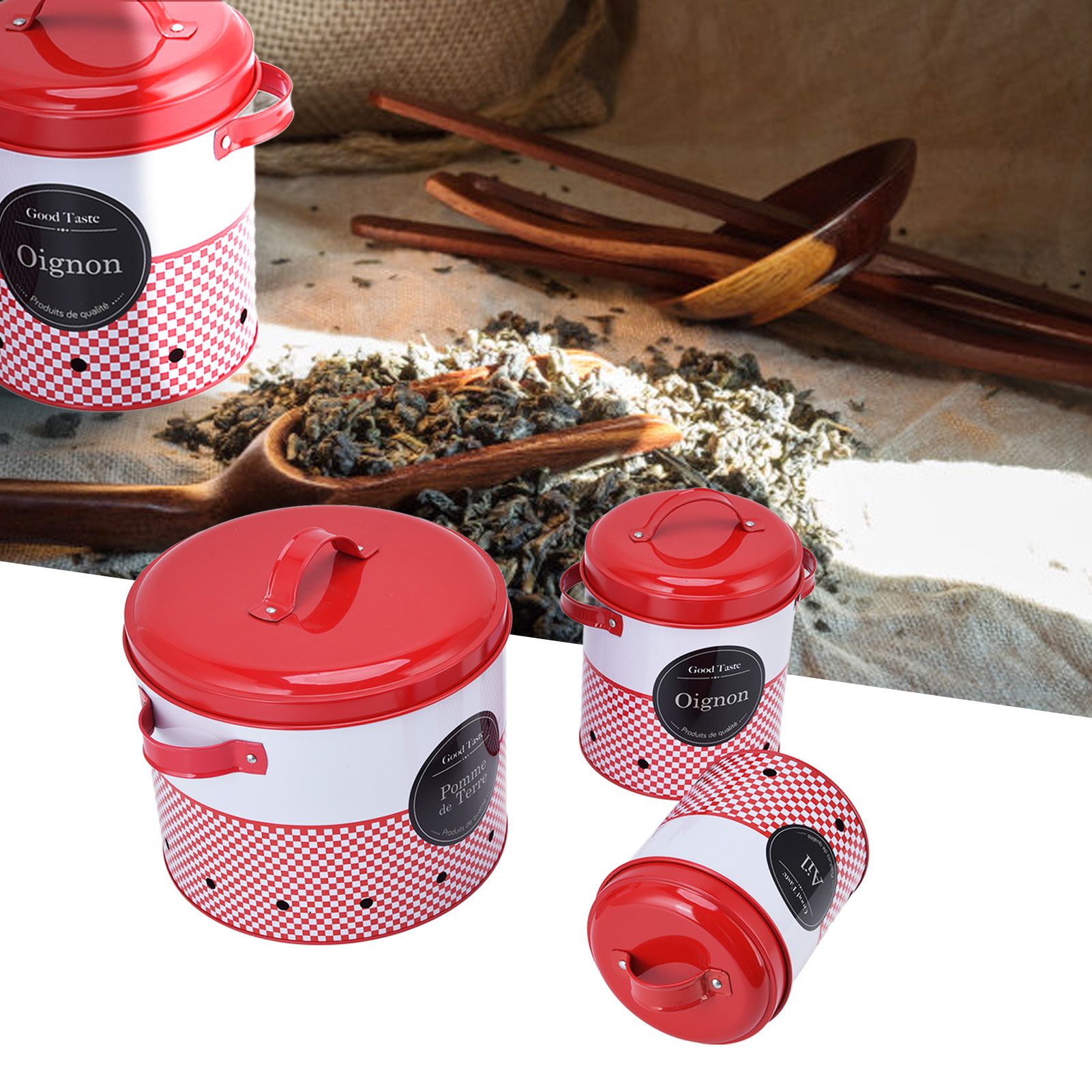 3 Pcs Canister Set Large Capacity Red White Round Storage Bucket Farmhouse view 11