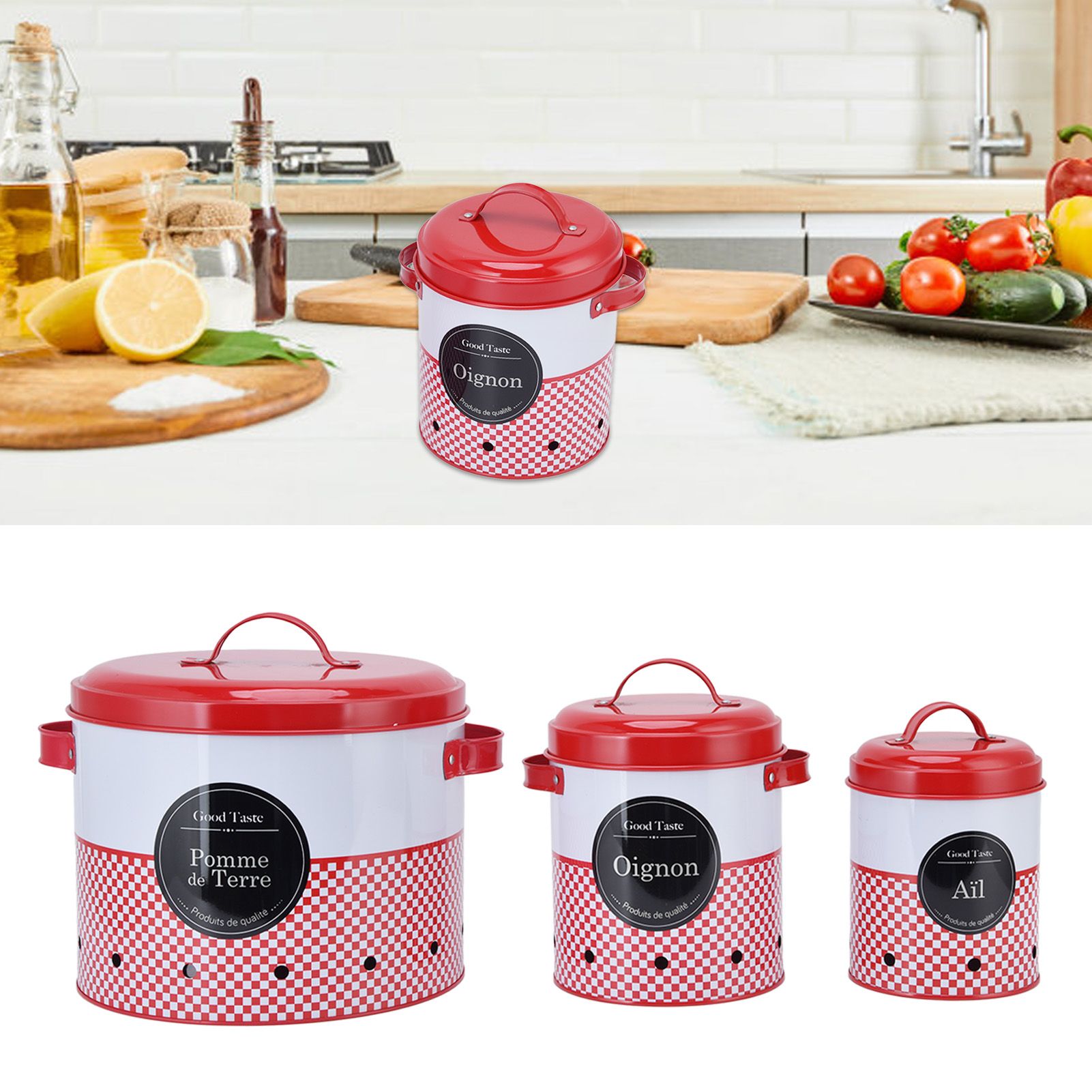 3 Pcs Canister Set Large Capacity Red White Round Storage Bucket Farmhouse view 12